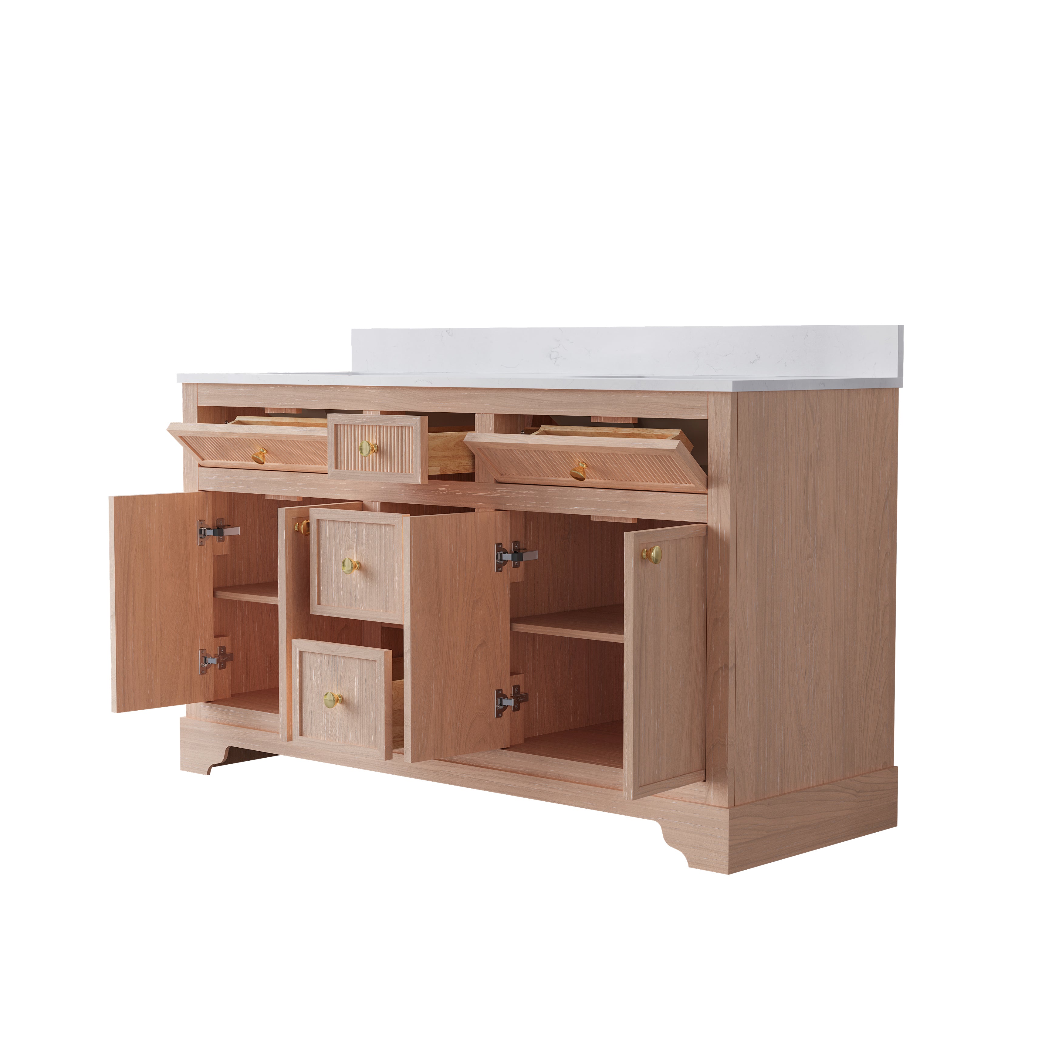 60-Inch Light Wood Freestanding Bathroom Vanity with Carrera White Top Sink