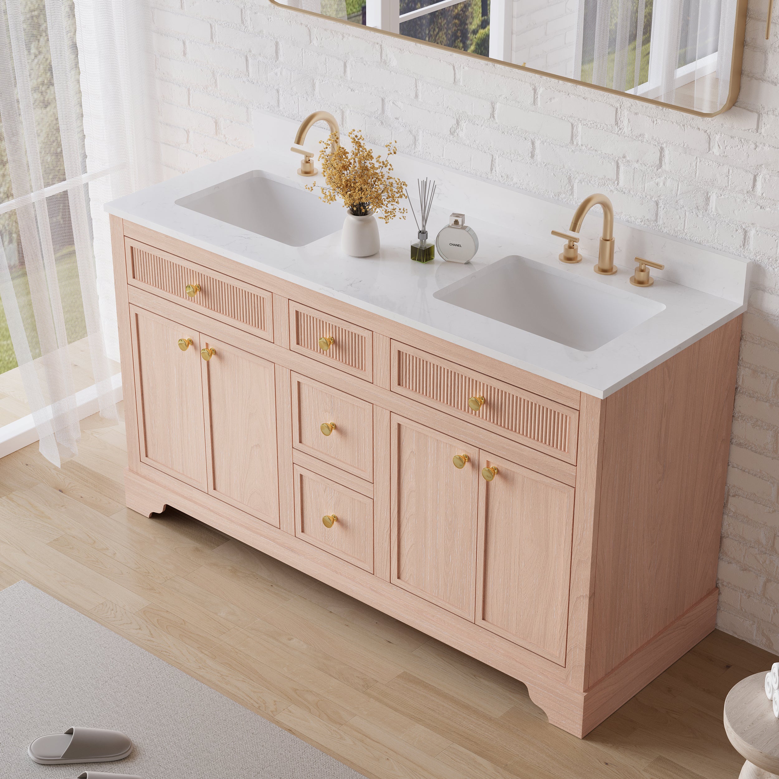 60-Inch Light Wood Freestanding Bathroom Vanity with Carrera White Top Sink