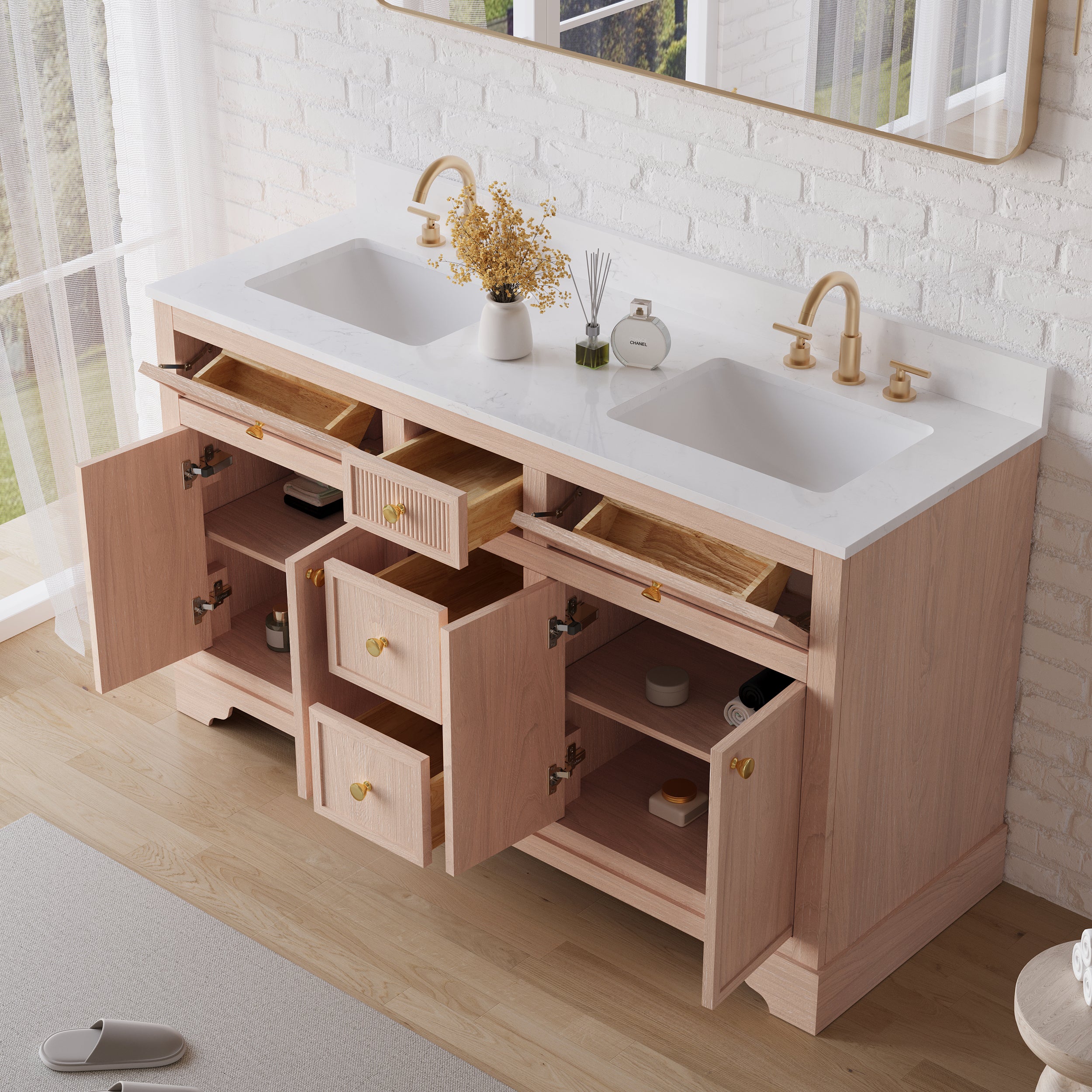 60-Inch Light Wood Freestanding Bathroom Vanity with Carrera White Top Sink