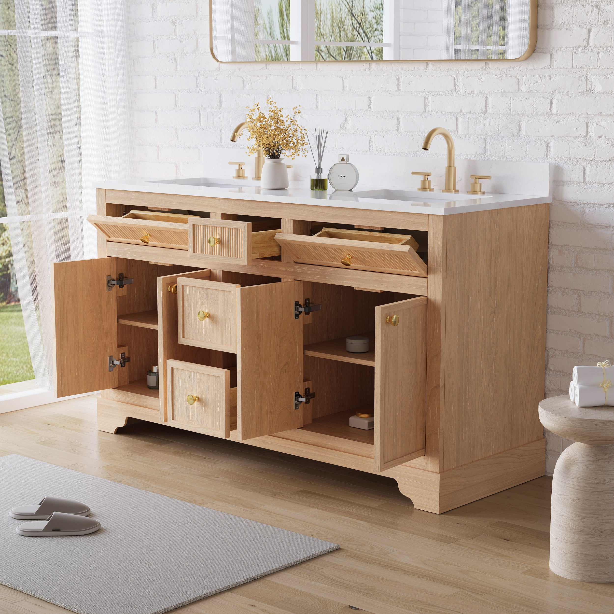 60-Inch Light Wood Freestanding Bathroom Vanity with Carrara White Quartz Top Double Sinks