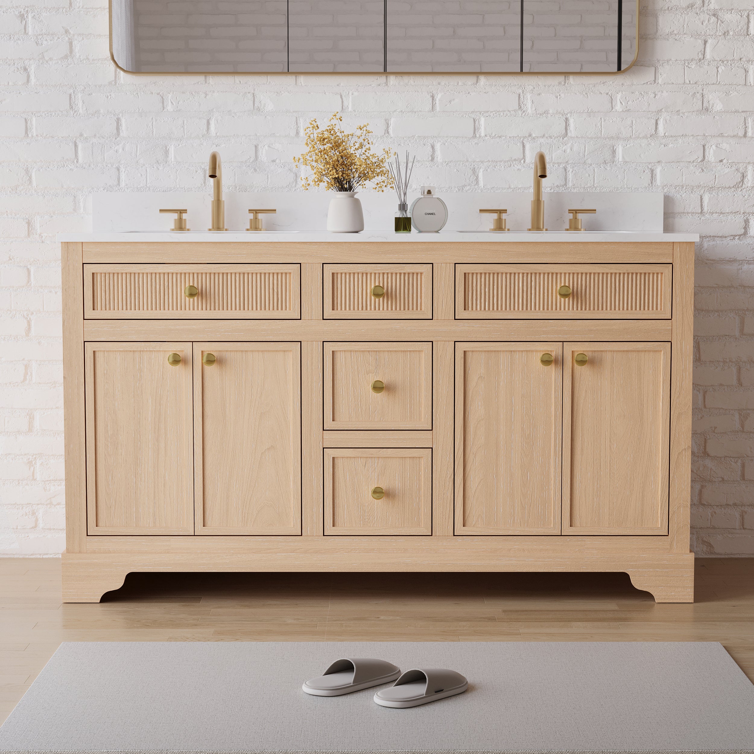 60-Inch Light Wood Freestanding Bathroom Vanity with Carrara White Quartz Top Double Sinks