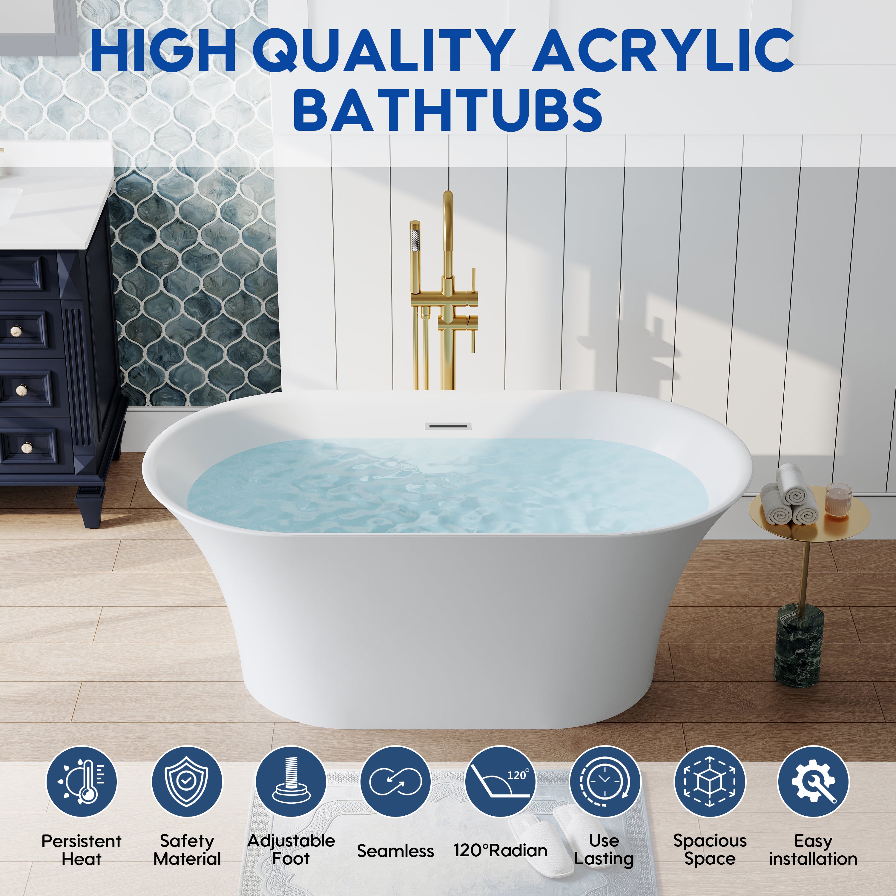 59" Acrylic Freestanding Bathtub Contemporary 66GAL Soaking Tub in Glossy White