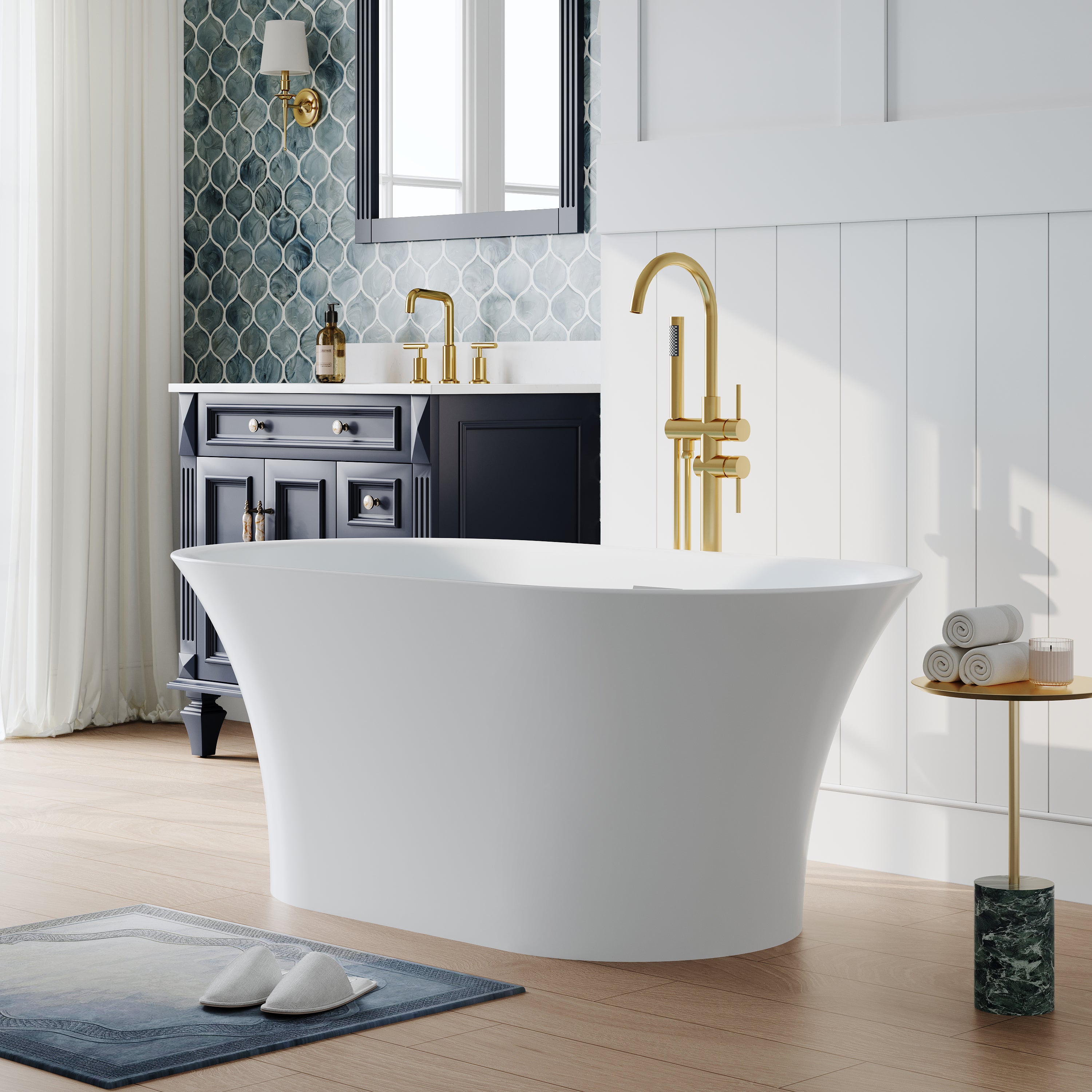 59" Acrylic Freestanding Bathtub Contemporary 66GAL Soaking Tub in Glossy White