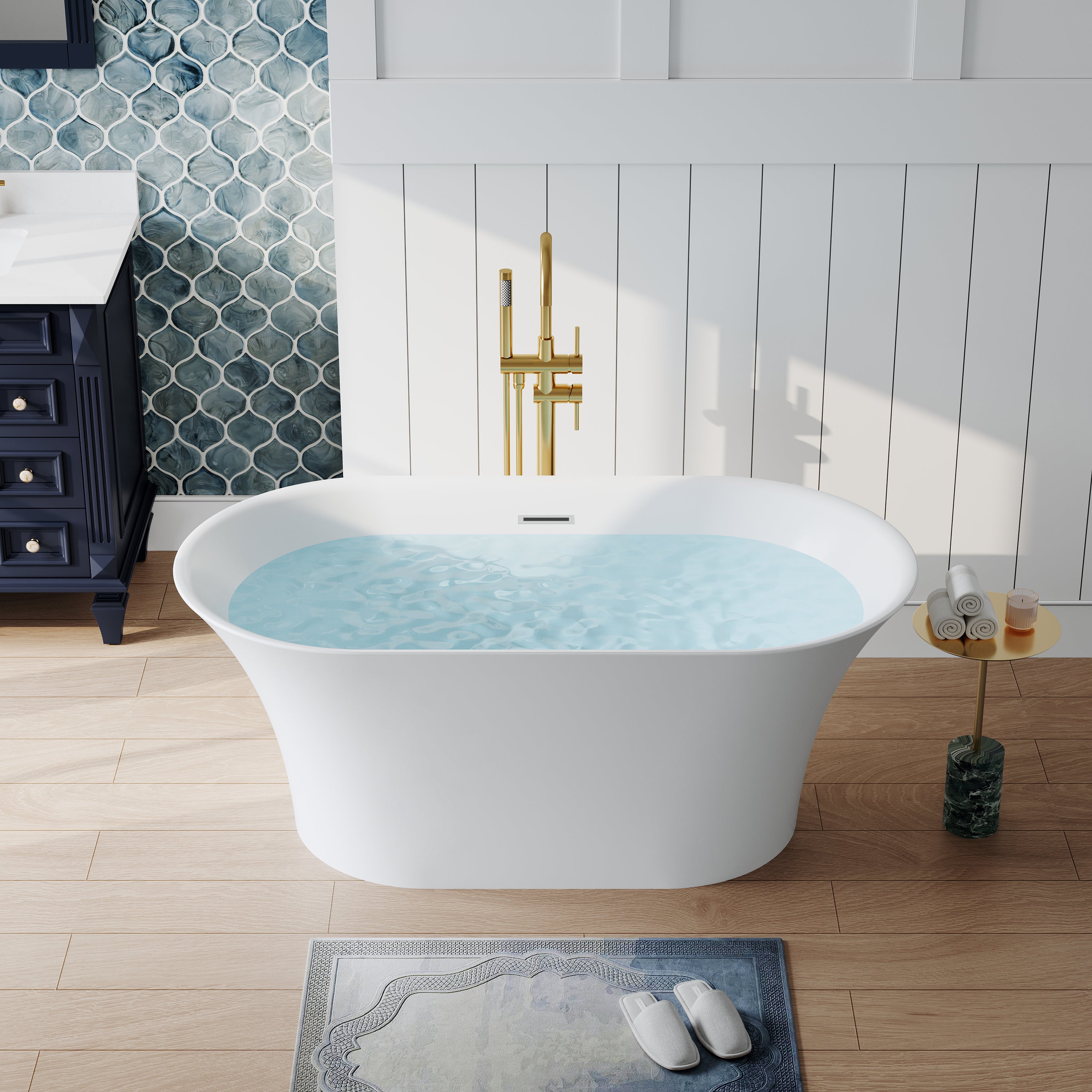 59" Acrylic Freestanding Bathtub Contemporary 66GAL Soaking Tub in Glossy White