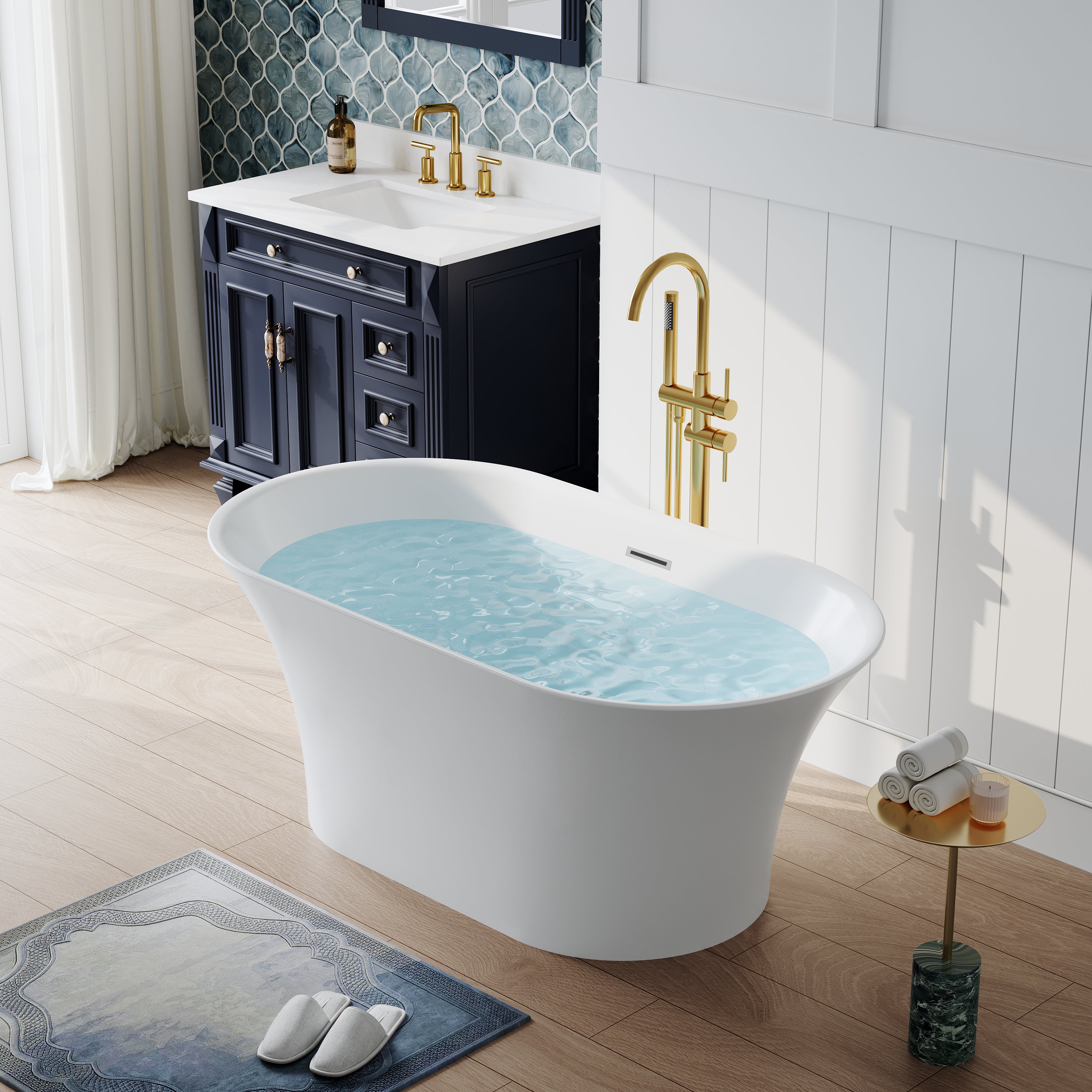 59" Acrylic Freestanding Bathtub Contemporary 66GAL Soaking Tub in Glossy White