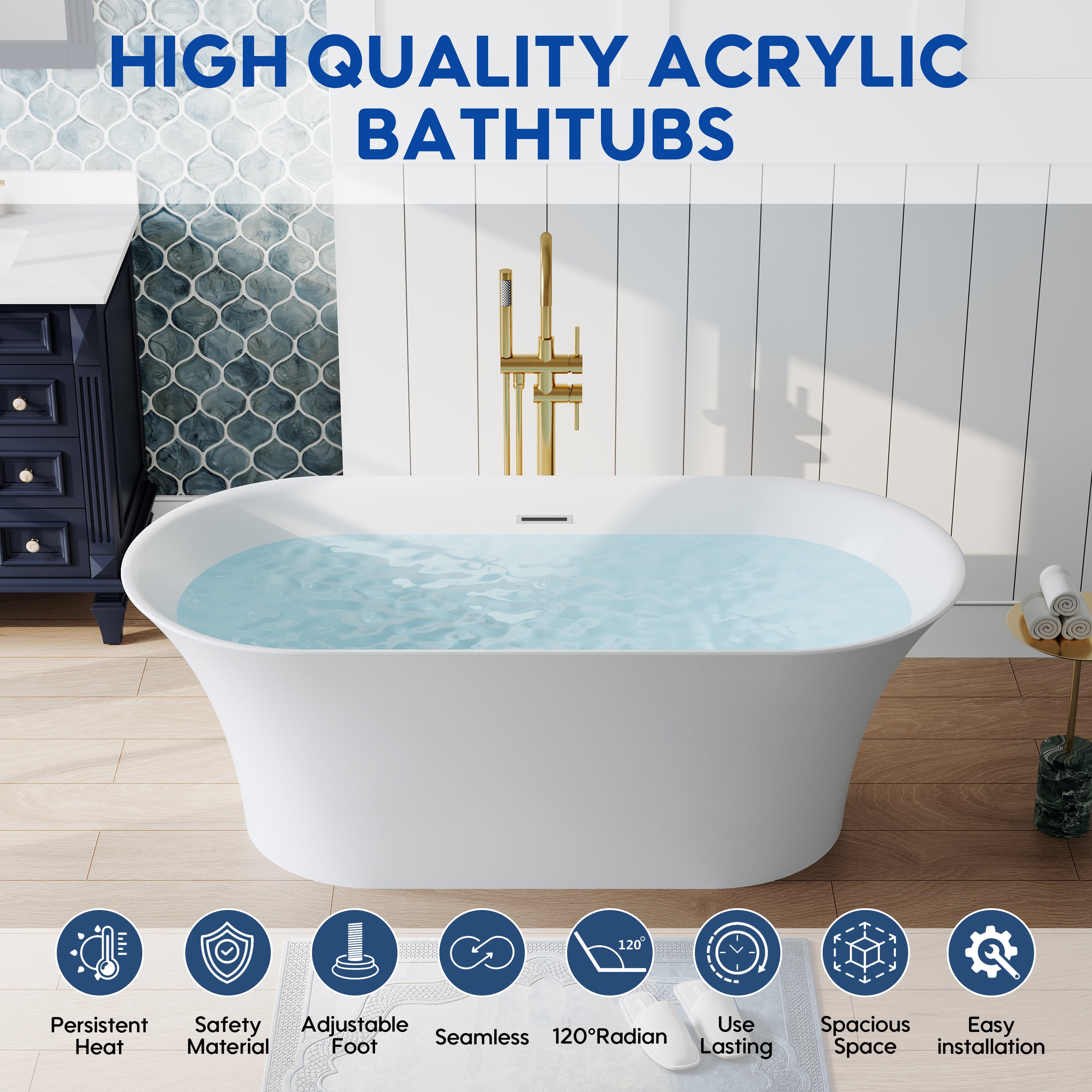 67" Acrylic Freestanding Bathtub Contemporary 71GAL Soaking Tub in Glossy White