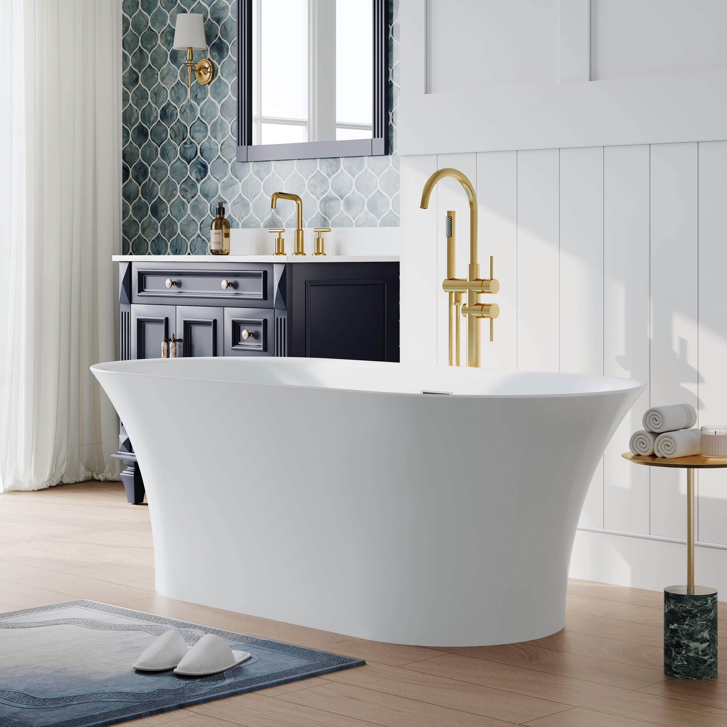 67" Acrylic Freestanding Bathtub Contemporary 71GAL Soaking Tub in Glossy White
