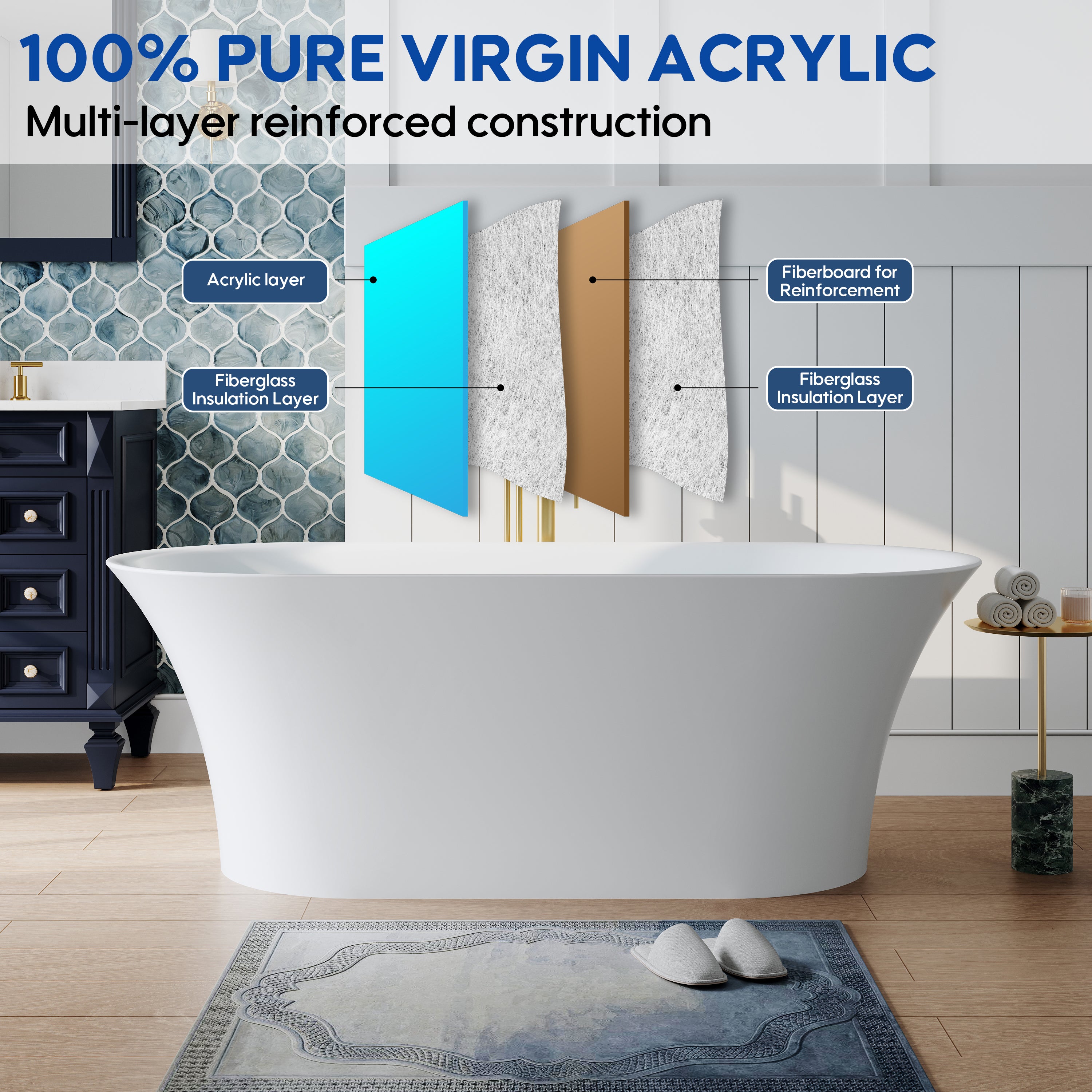 67" Acrylic Freestanding Bathtub Contemporary 71GAL Soaking Tub in Glossy White
