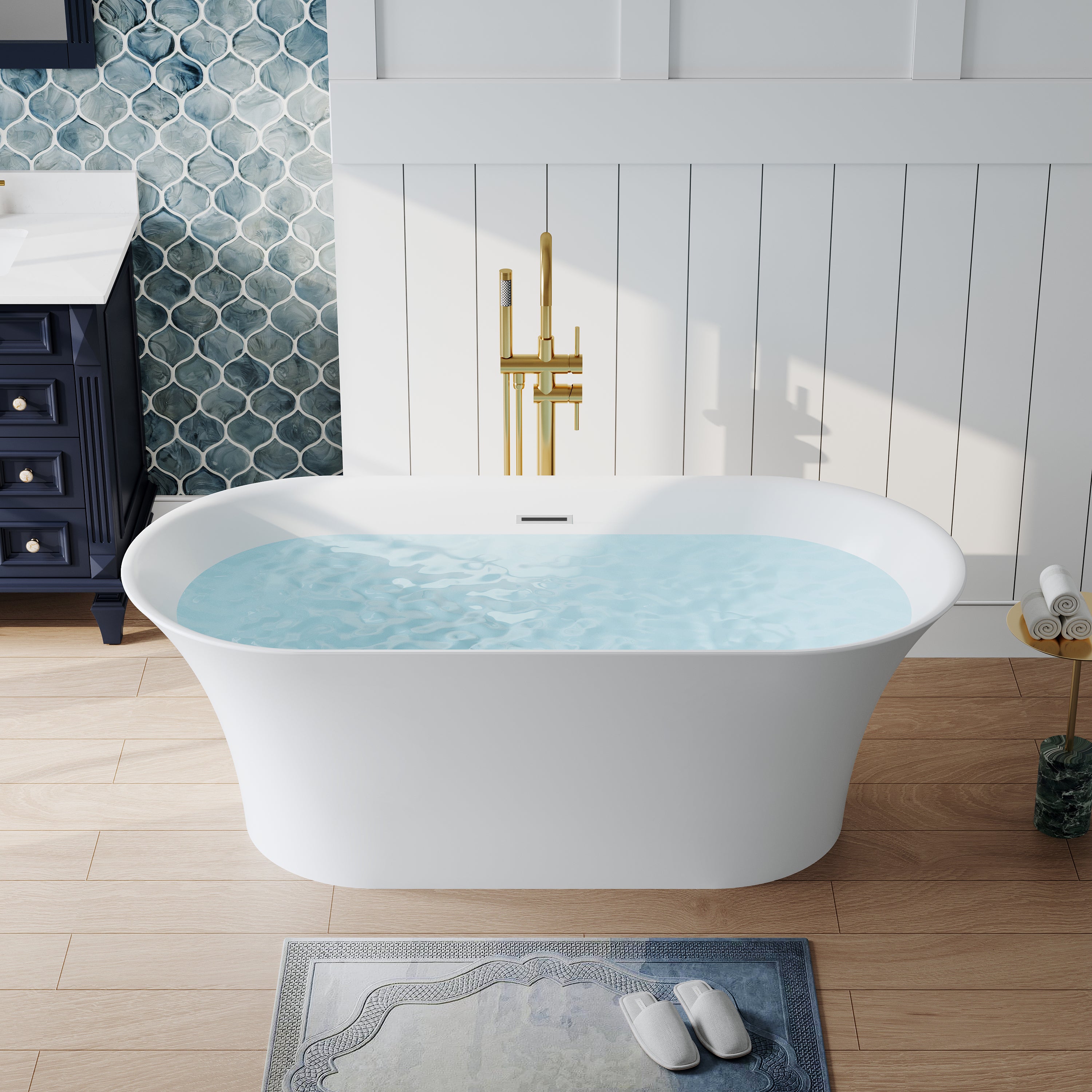 67" Acrylic Freestanding Bathtub Contemporary 71GAL Soaking Tub in Glossy White