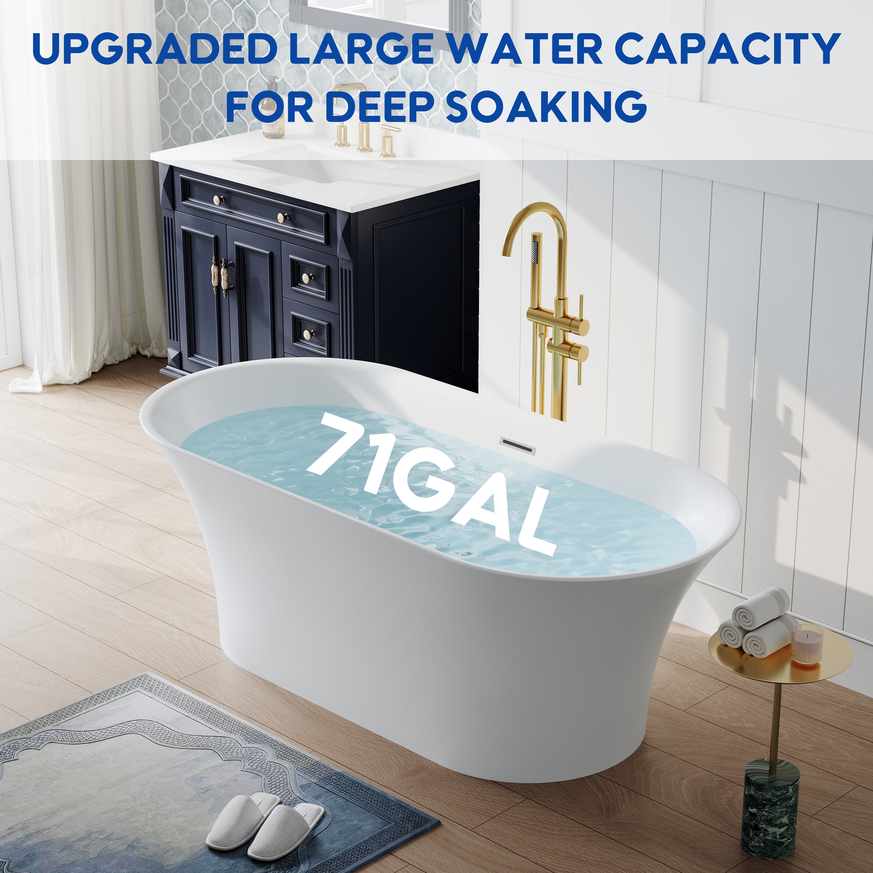67" Acrylic Freestanding Bathtub Contemporary 71GAL Soaking Tub in Glossy White
