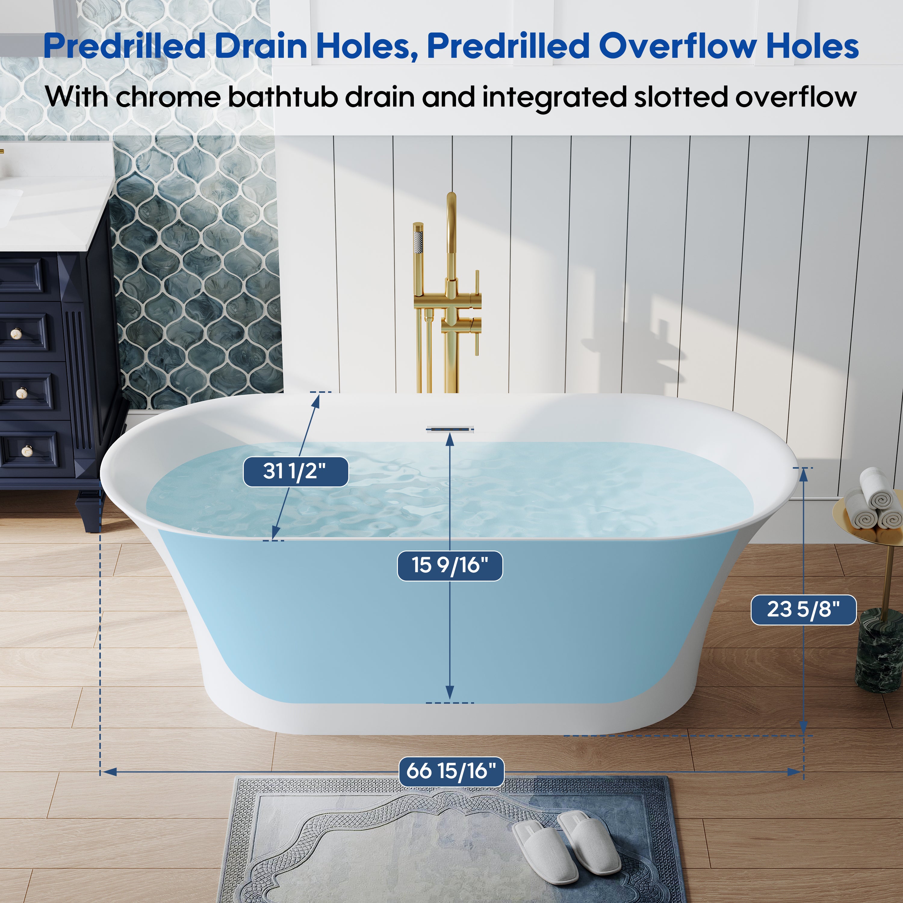 67" Acrylic Freestanding Bathtub Contemporary 71GAL Soaking Tub in Glossy White