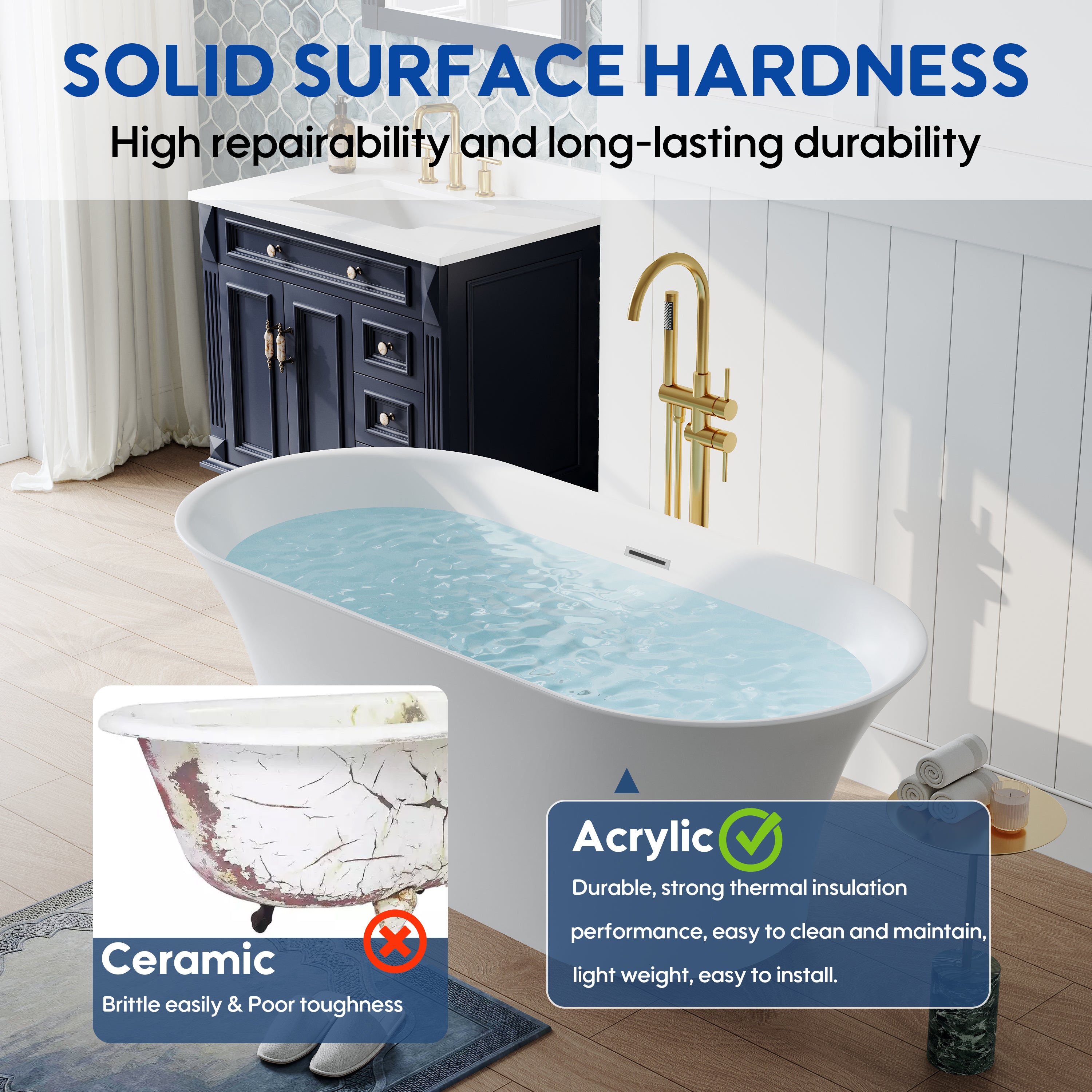 67" Acrylic Freestanding Bathtub Contemporary 71GAL Soaking Tub in Glossy White