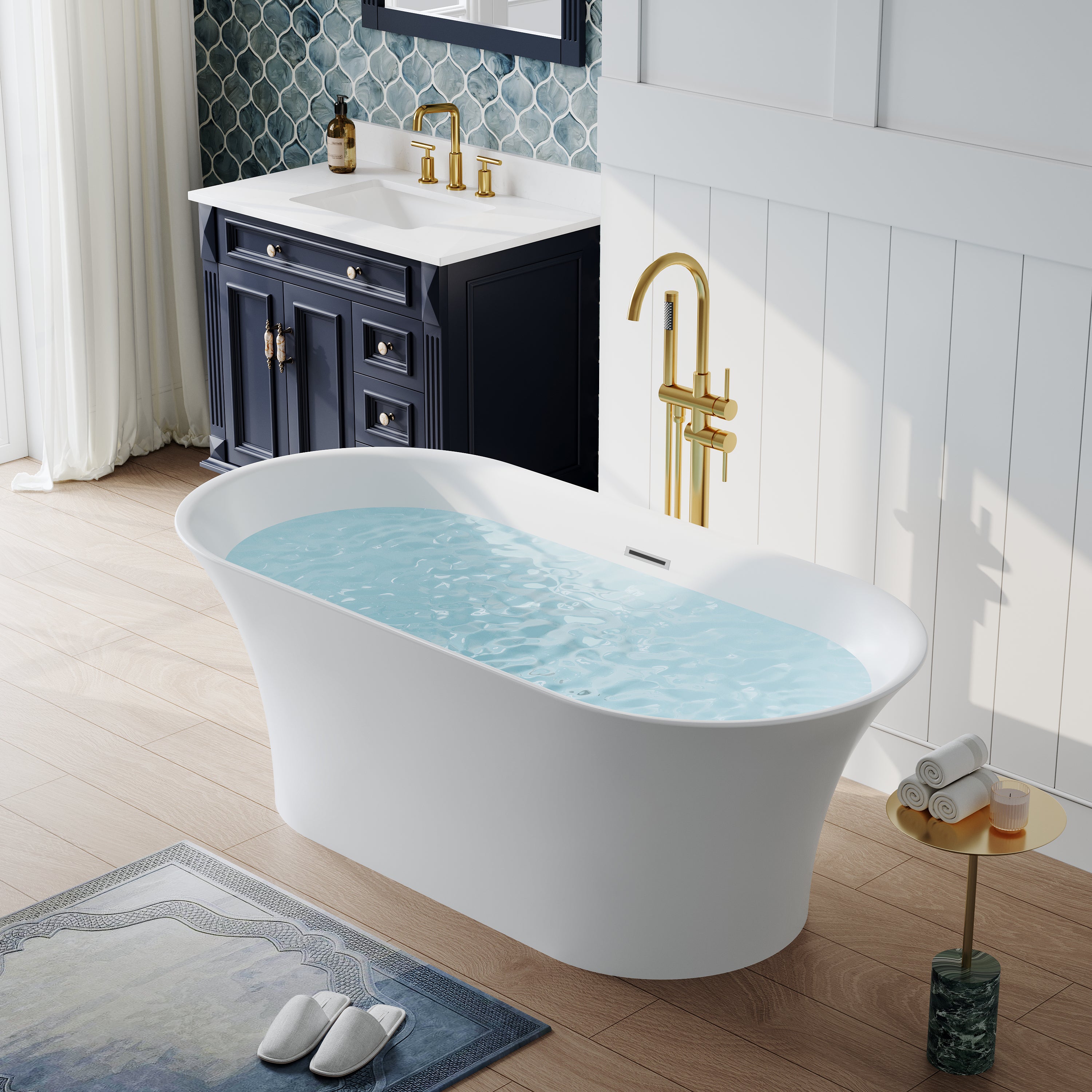 67" Acrylic Freestanding Bathtub Contemporary 71GAL Soaking Tub in Glossy White