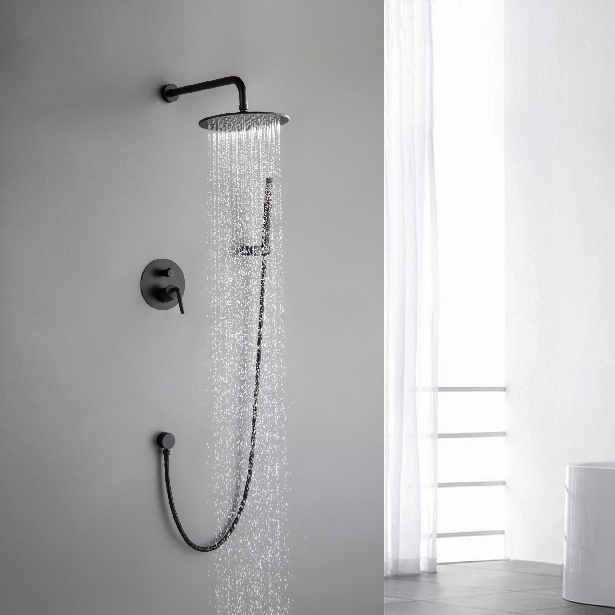 Matte Black Double Handle Two-function Concealed Round Shower System