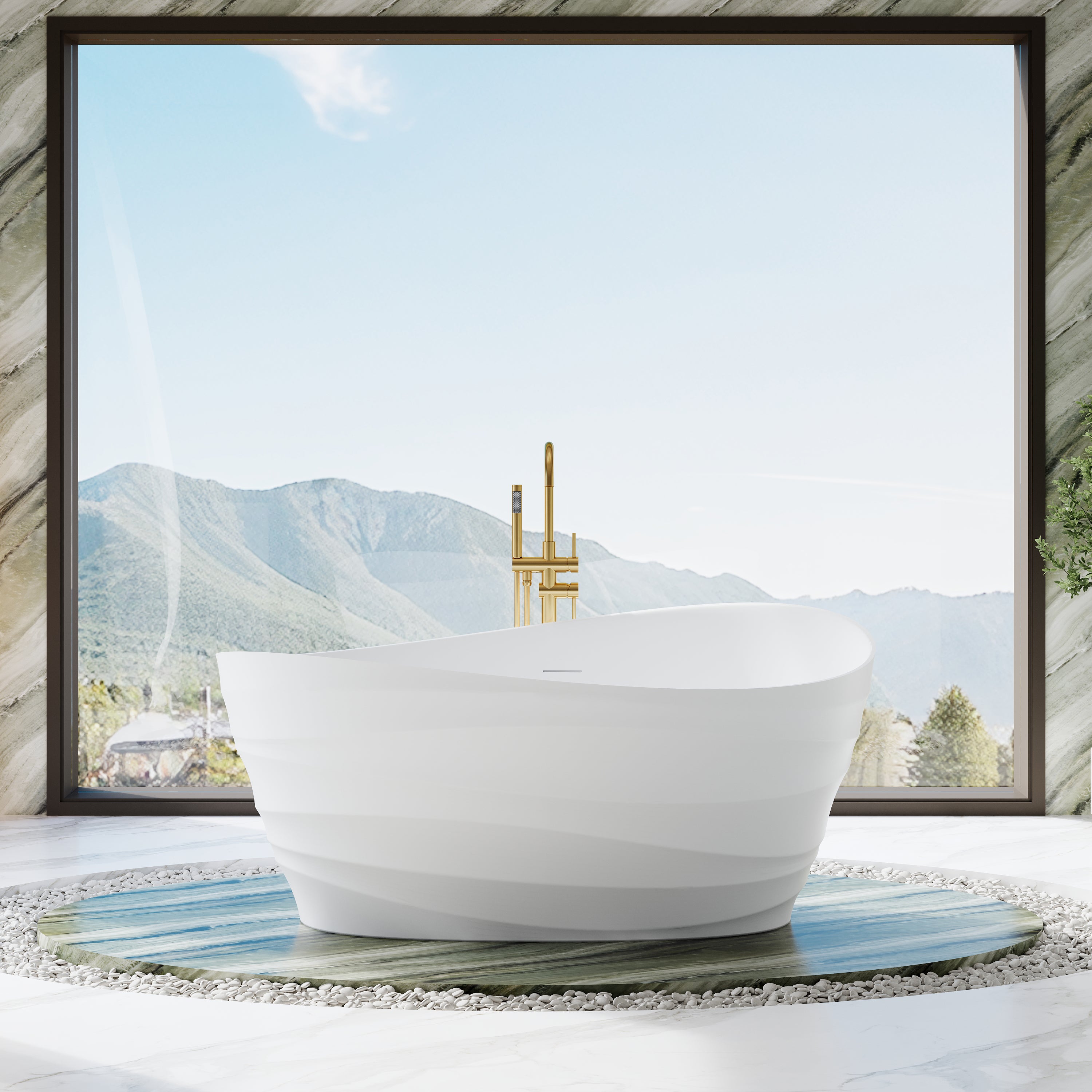 62" Freestanding Bathtub with Unique Ripple Texture, Modern Solid surface Soaking Tub with Overflow & Drain, Matte White