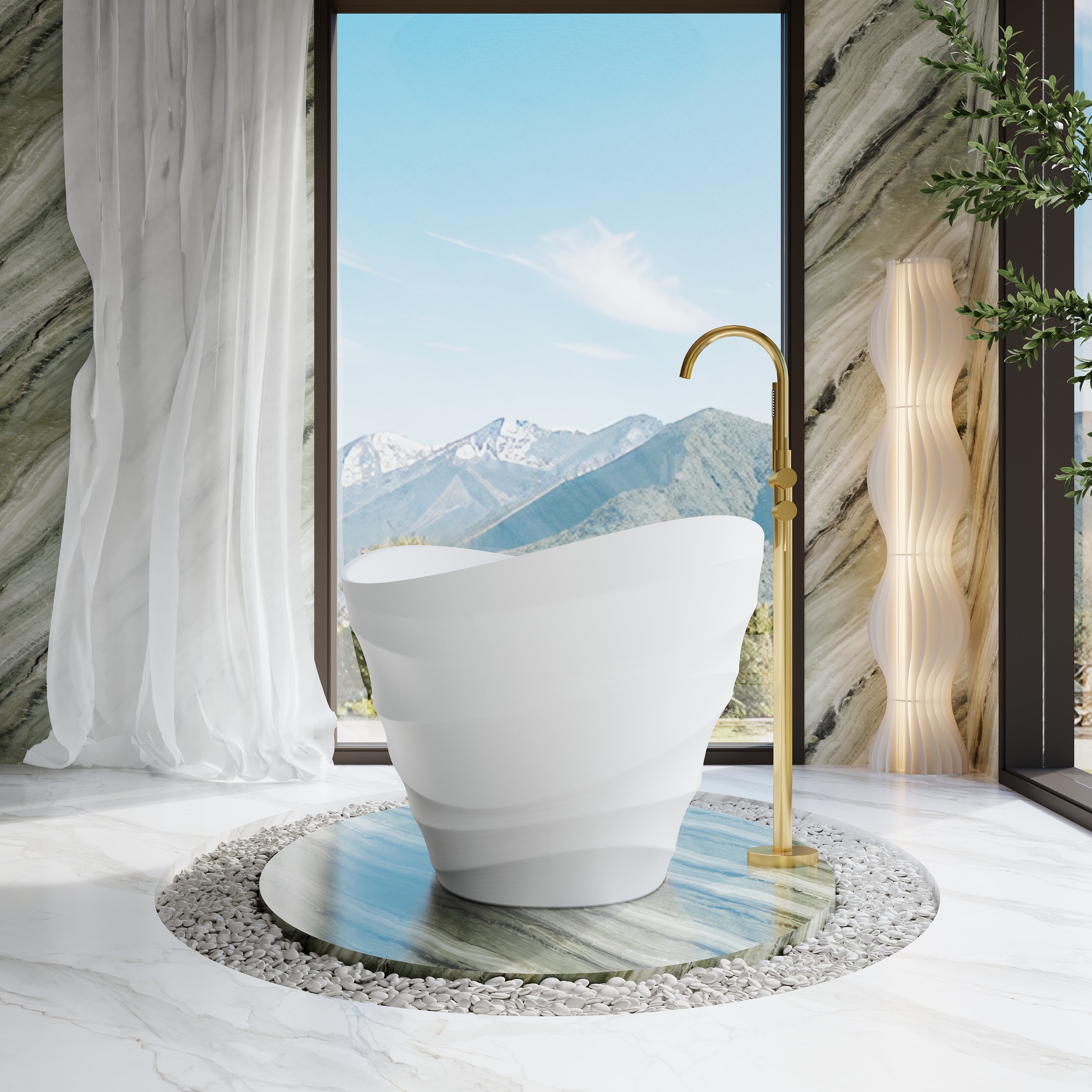 62" Freestanding Bathtub with Unique Ripple Texture, Modern Solid surface Soaking Tub with Overflow & Drain, Matte White