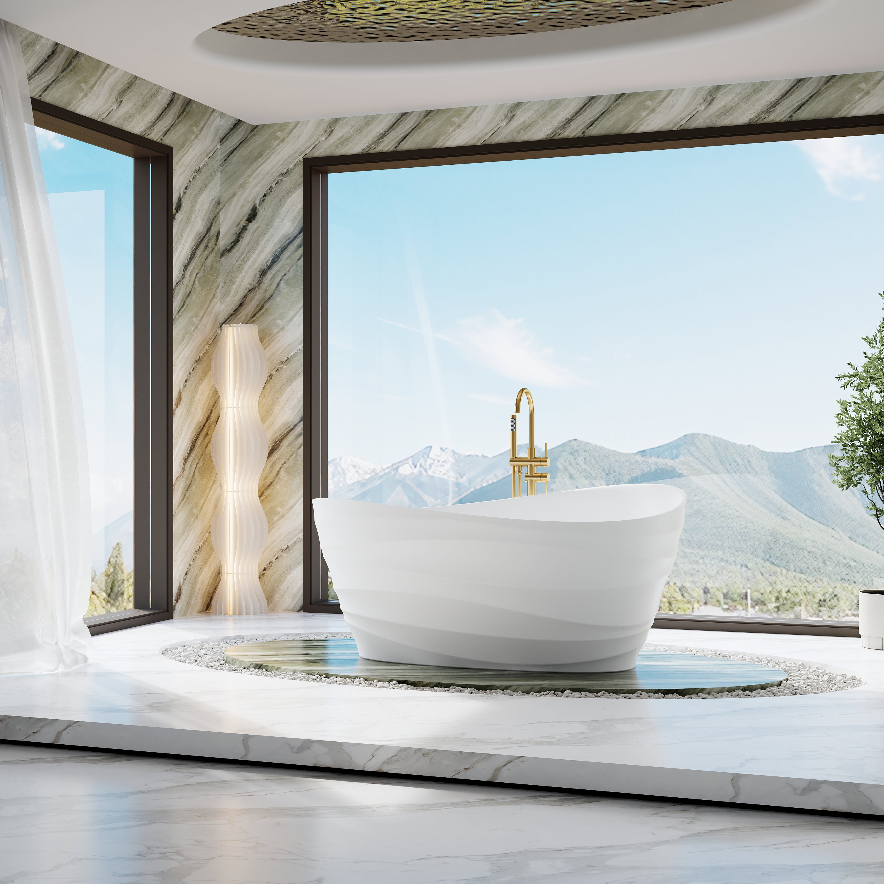62" Freestanding Bathtub with Unique Ripple Texture, Modern Solid surface Soaking Tub with Overflow & Drain, Matte White