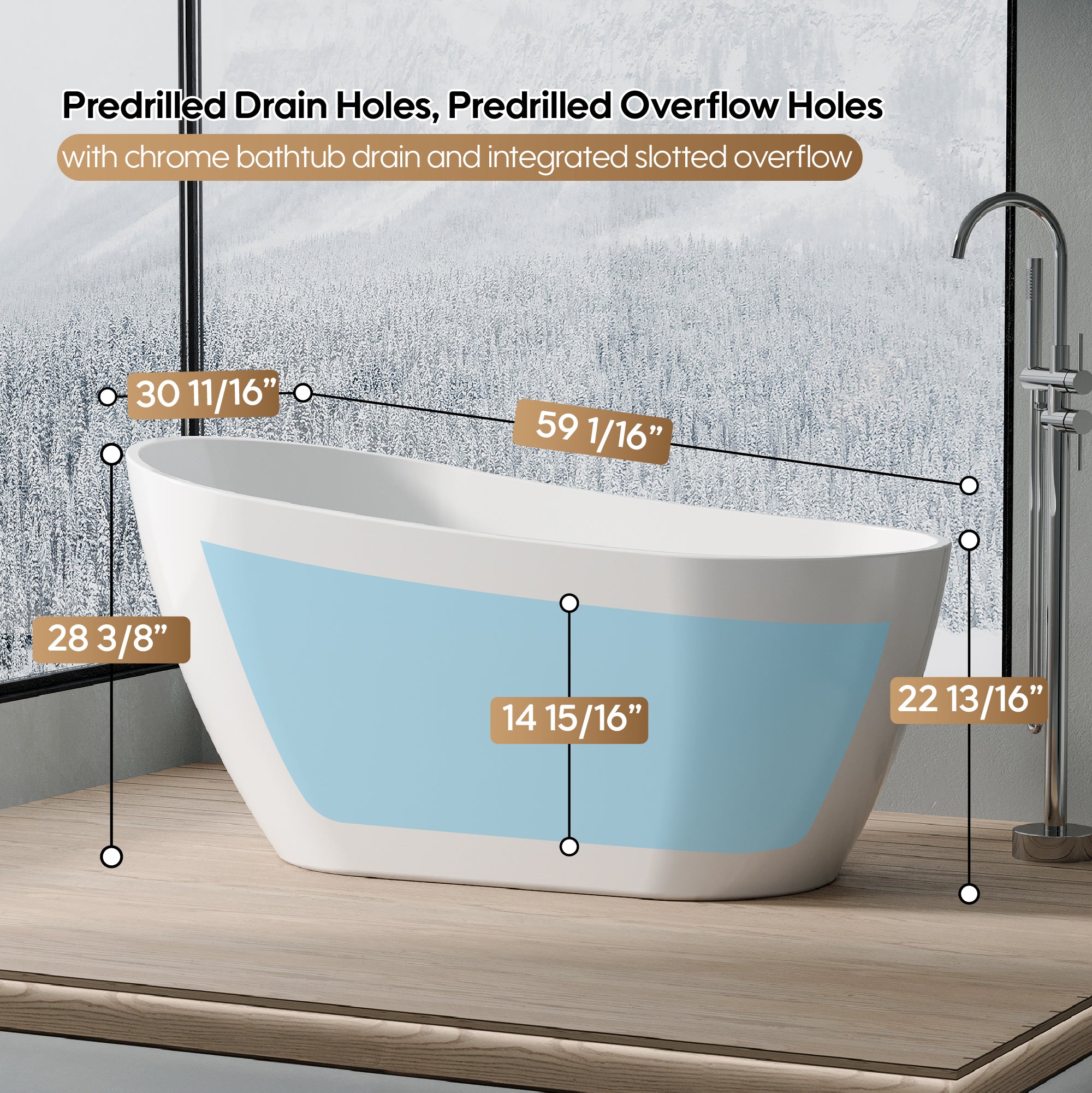 59" Freestanding Glossy White Acrylic Bathtub with Chrome Drain and Overflow