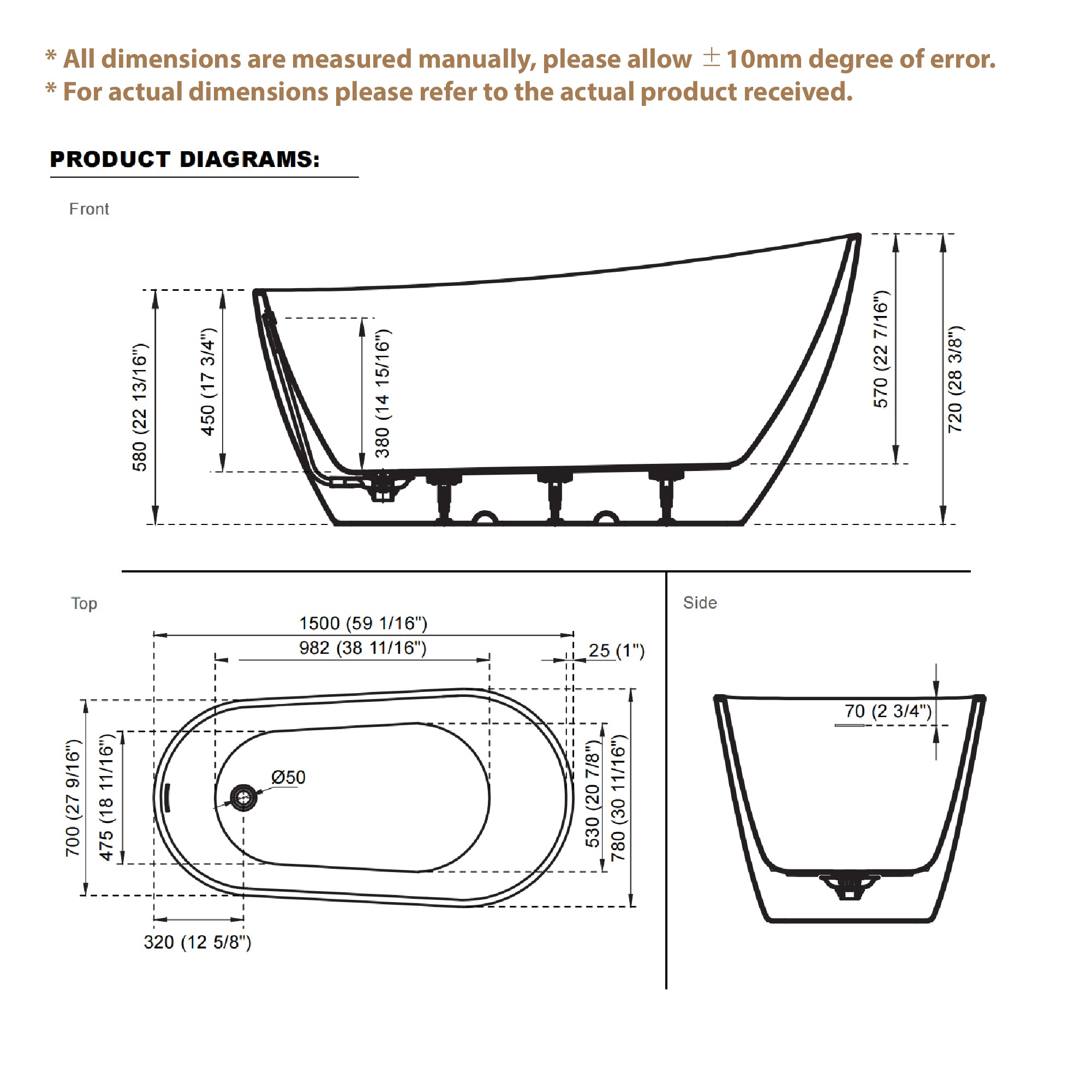 59" Freestanding Glossy White Acrylic Bathtub with Chrome Drain and Overflow