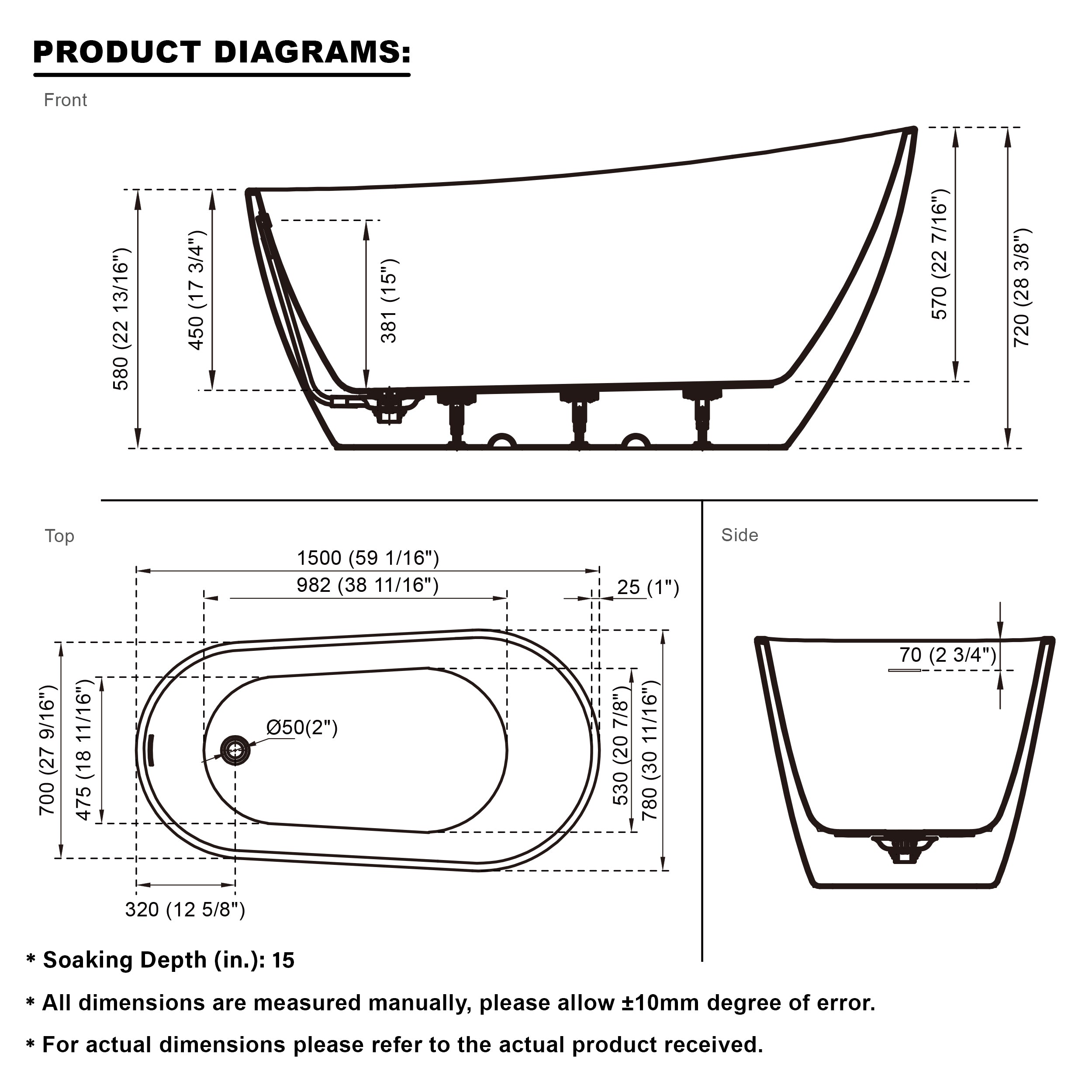 59" Freestanding Glossy White Acrylic Bathtub with Chrome Drain and Overflow