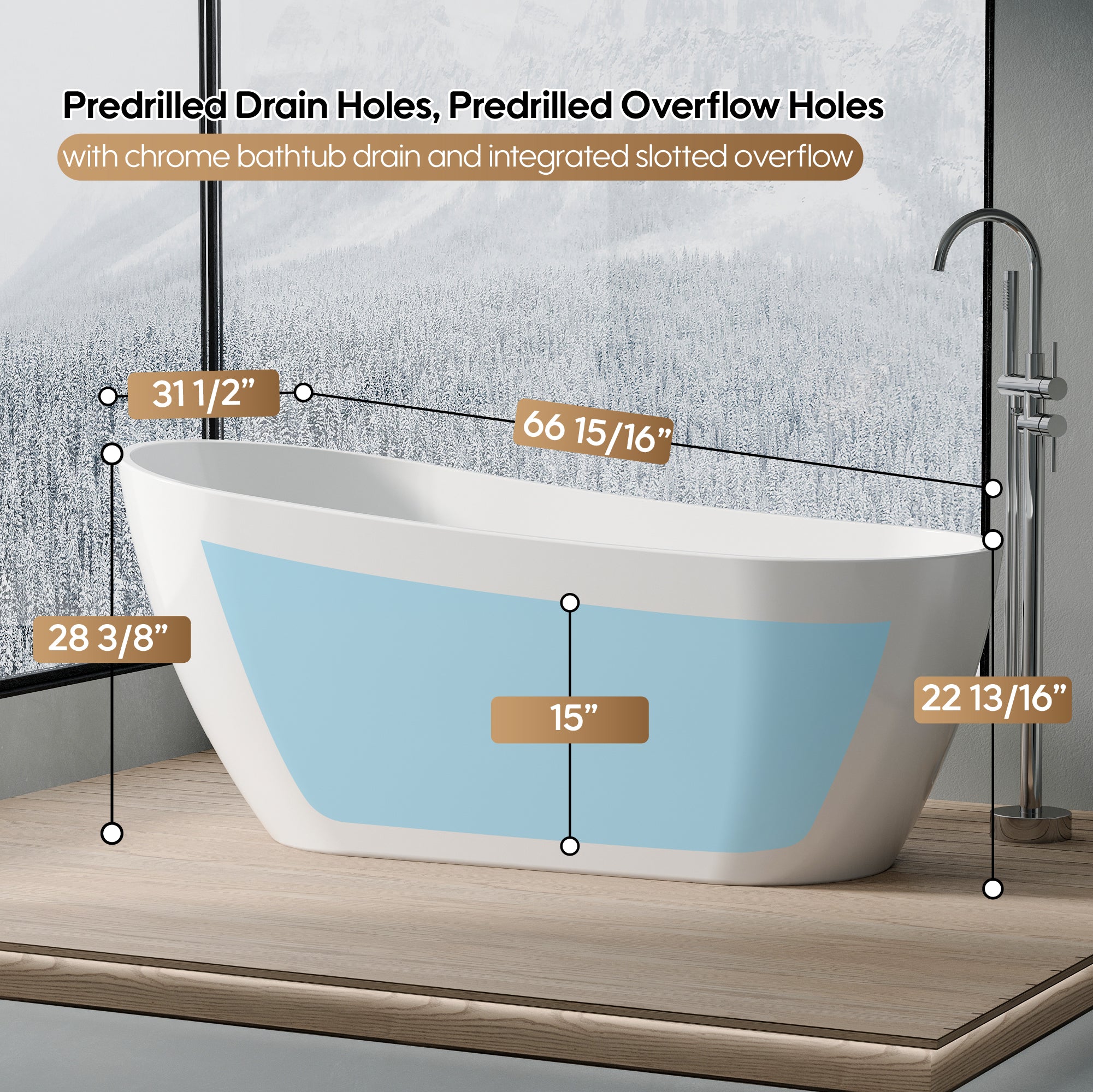 67" Freestanding Acrylic Bathtub with Slotted Overflow in Glossy White