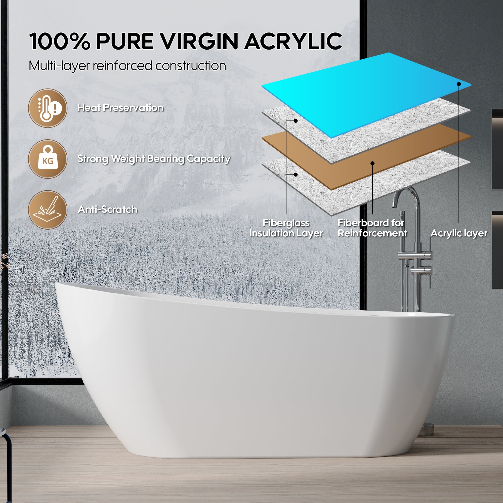 67" Freestanding Acrylic Bathtub with Slotted Overflow in Glossy White