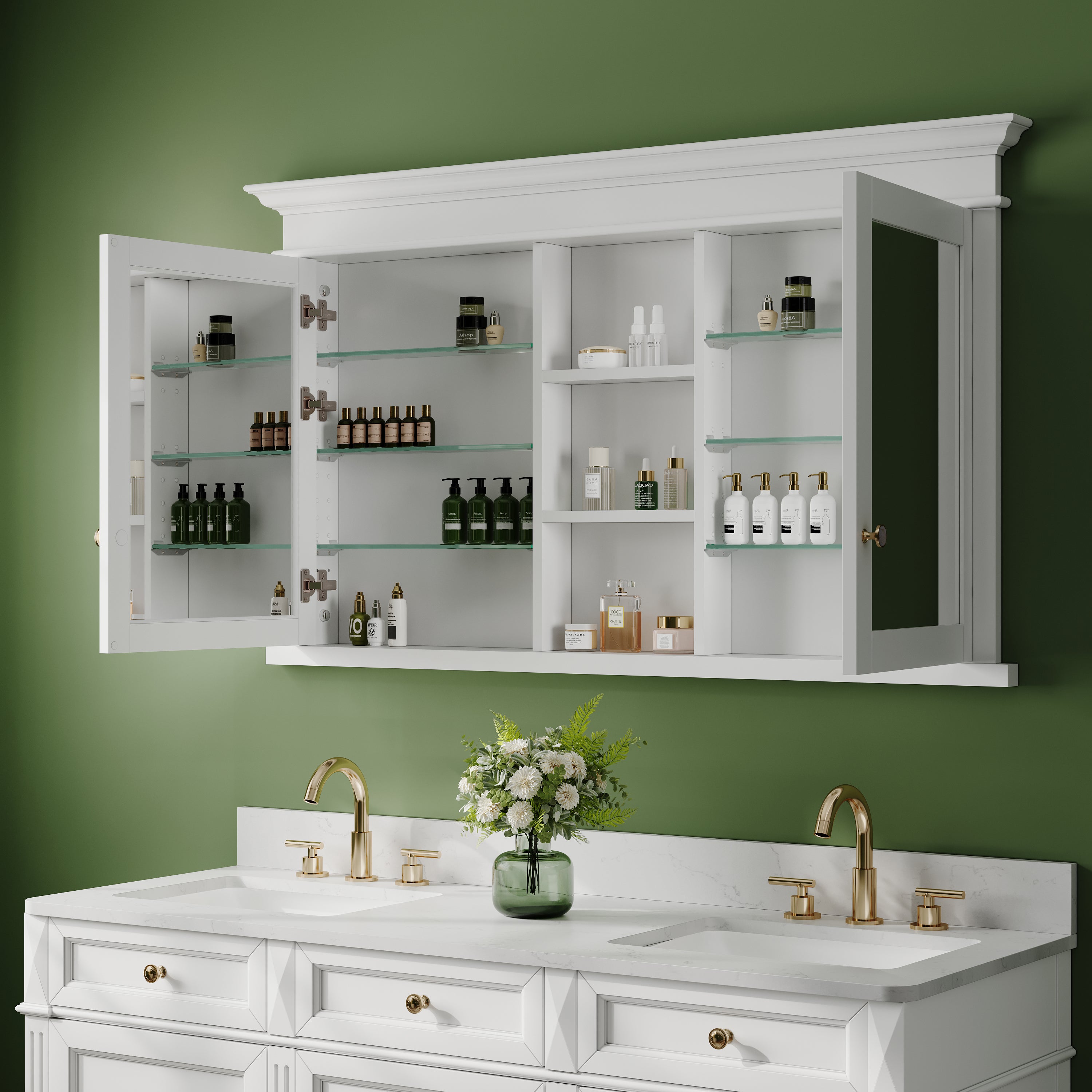 55 in.W x 32 in.H Recessed Solid Wood Medicine Cabinet with Mirror