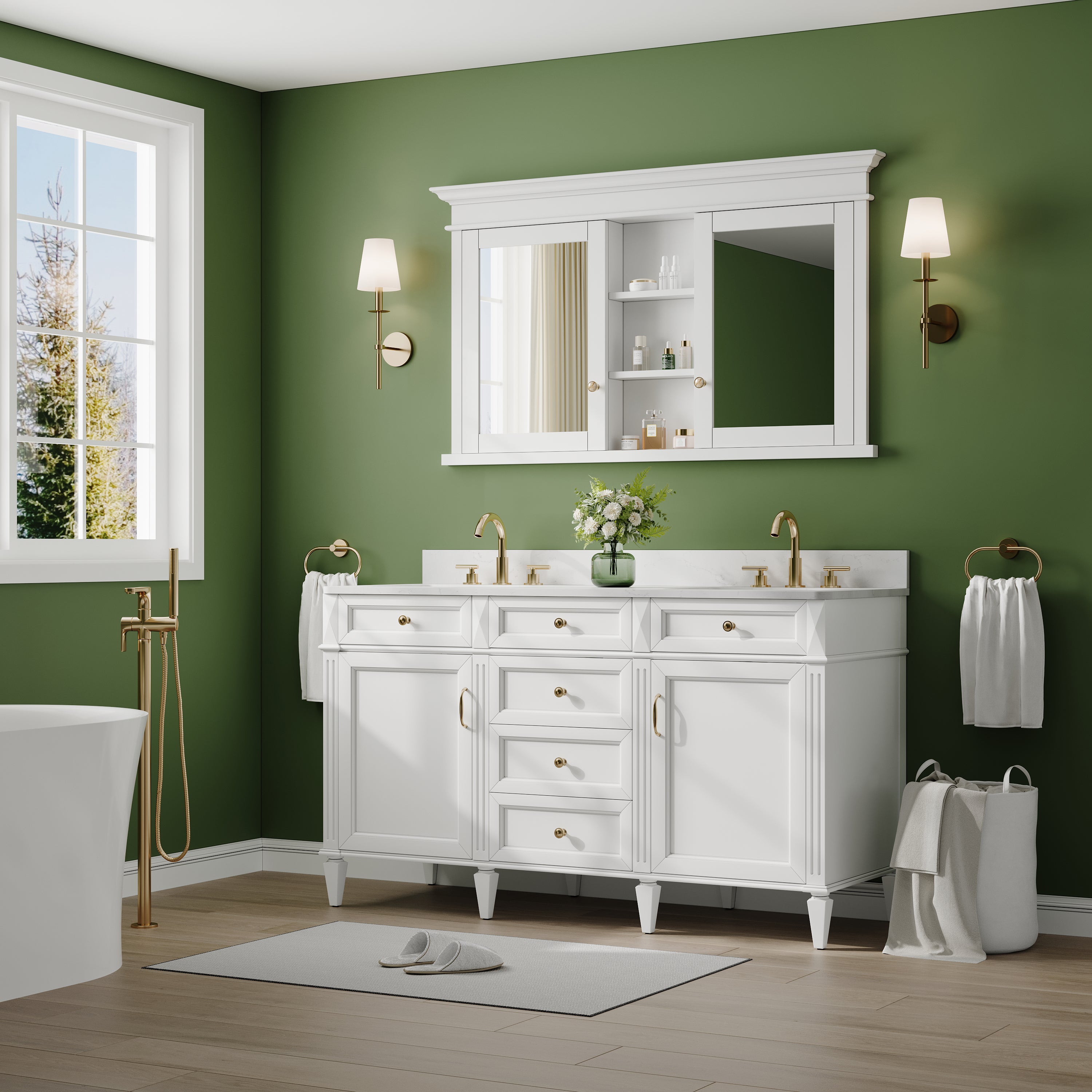 55 in.W x 32 in.H Recessed Solid Wood Medicine Cabinet with Mirror