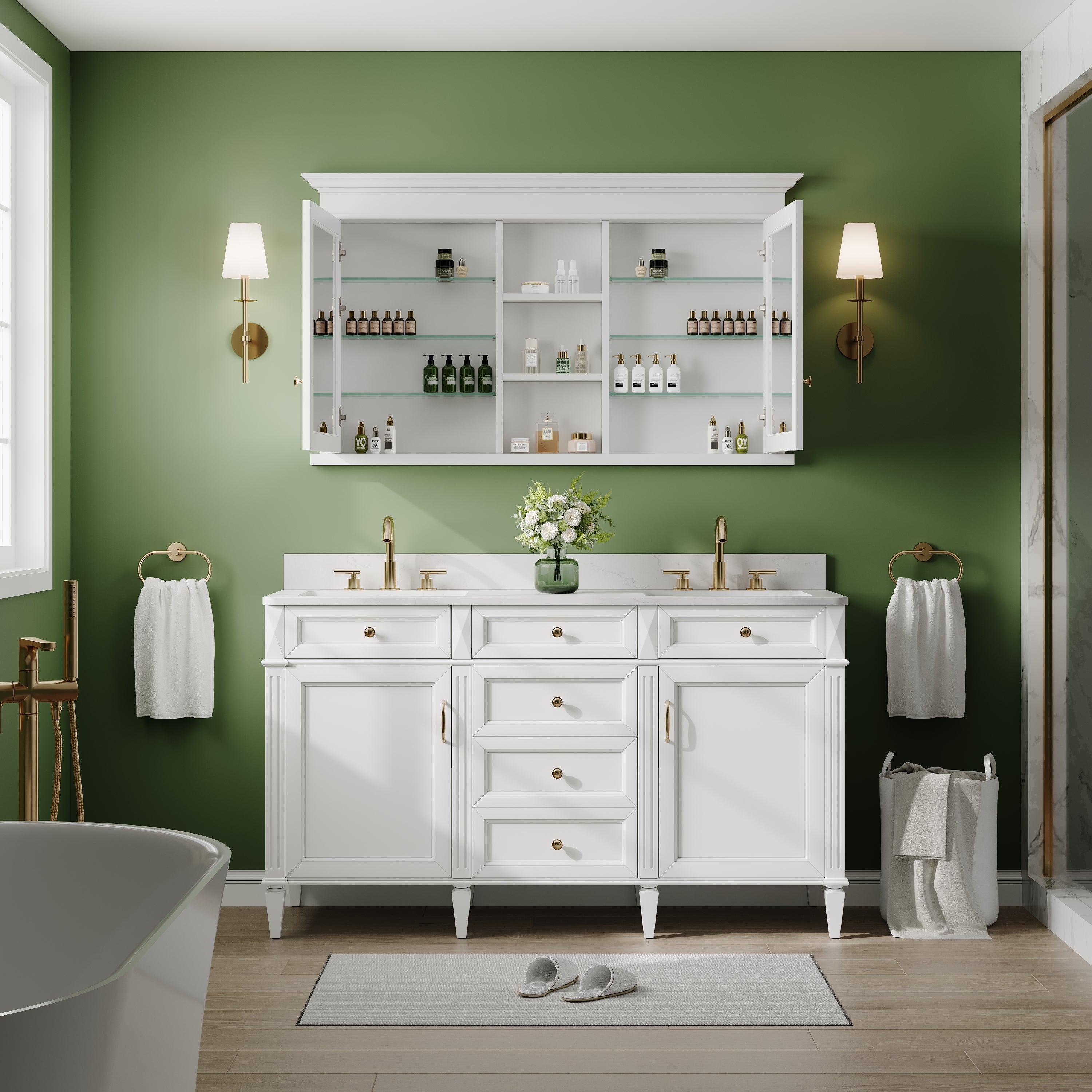 55 in.W x 32 in.H Recessed Solid Wood Medicine Cabinet with Mirror