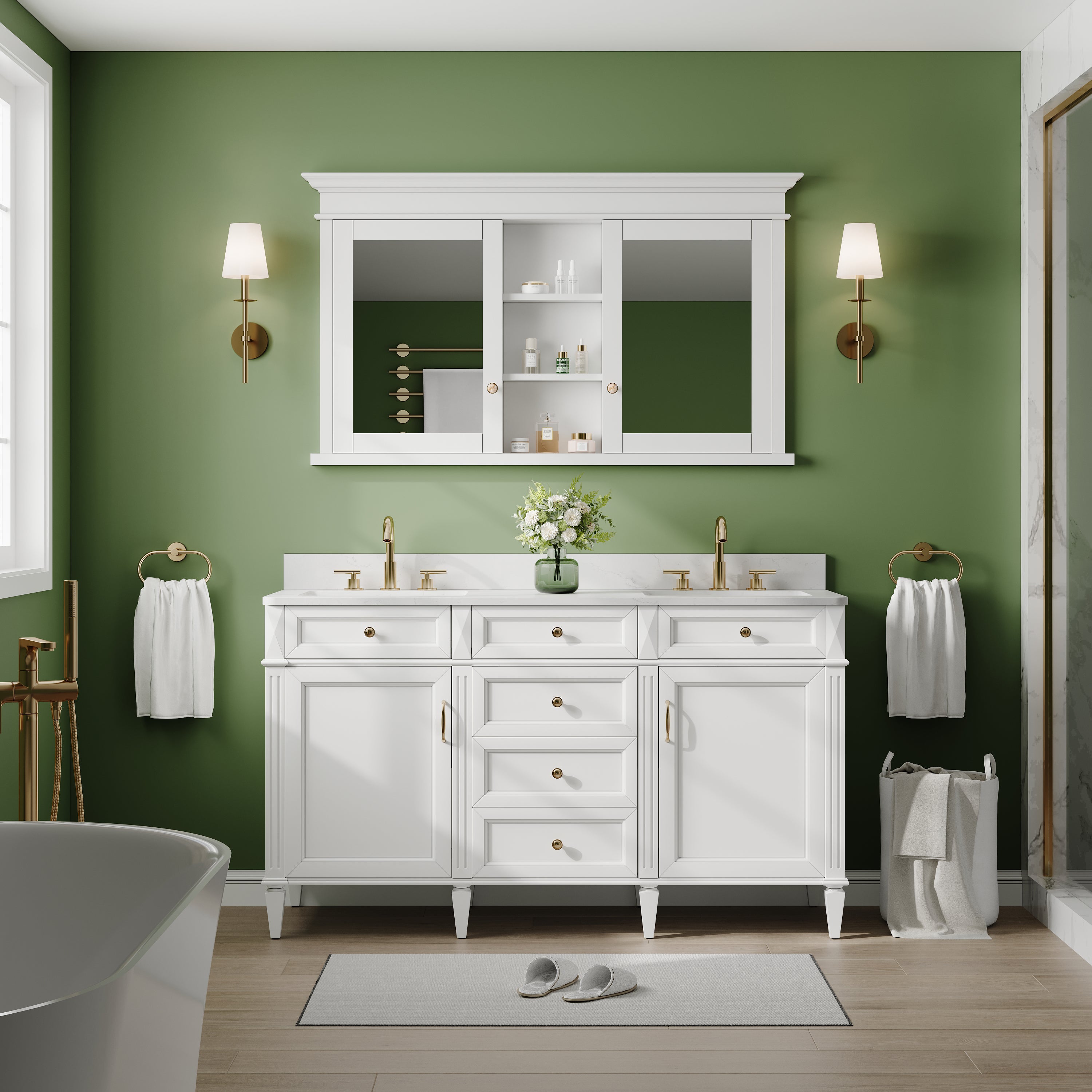 55 in.W x 32 in.H Recessed Solid Wood Medicine Cabinet with Mirror