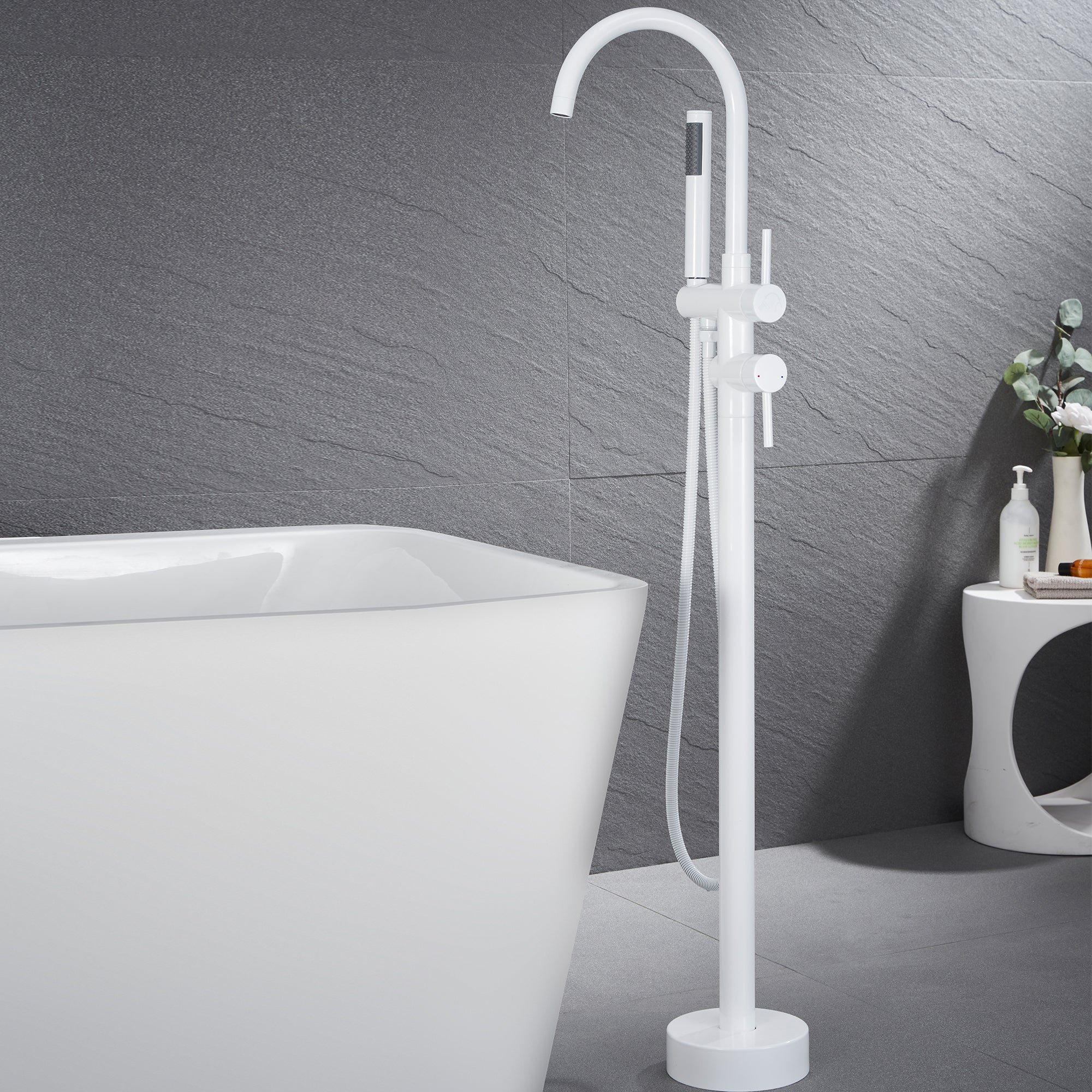 Freestanding Bathtub Faucet Floor Mounted Faucet With Hand Shower in White