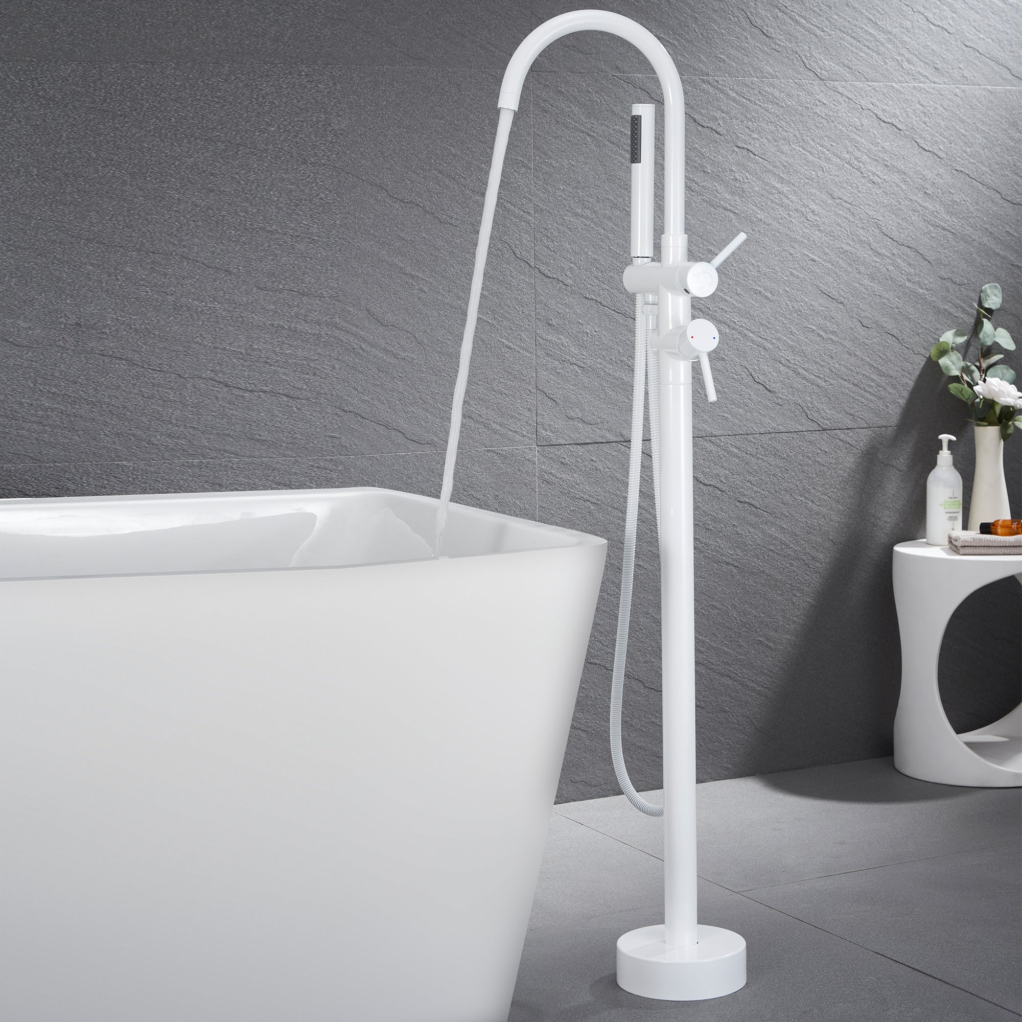 Freestanding Bathtub Faucet Floor Mounted Faucet With Hand Shower in White