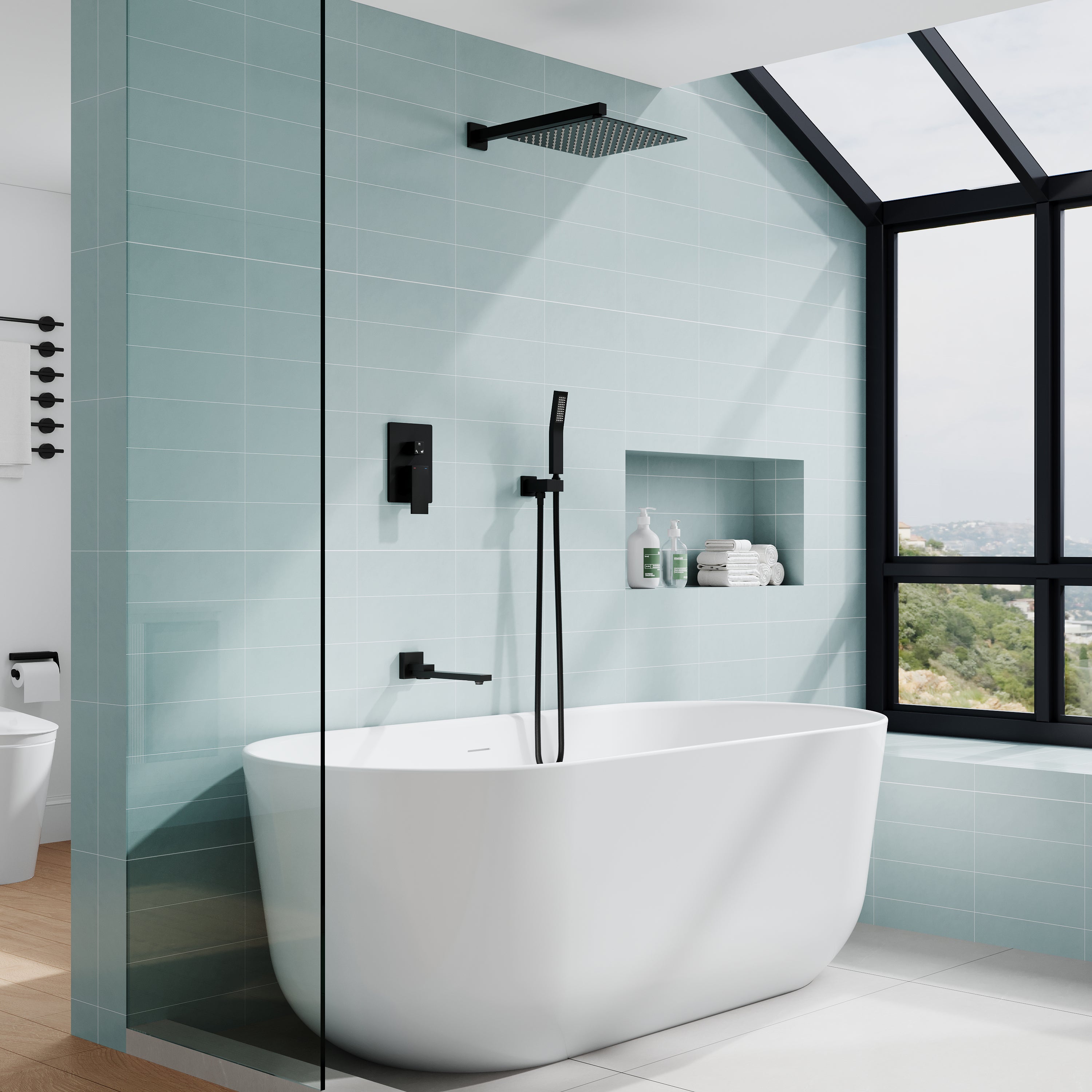 10 inch Single Handle High Pressure Tub and Shower Faucet with Hand Shower in Matte Black