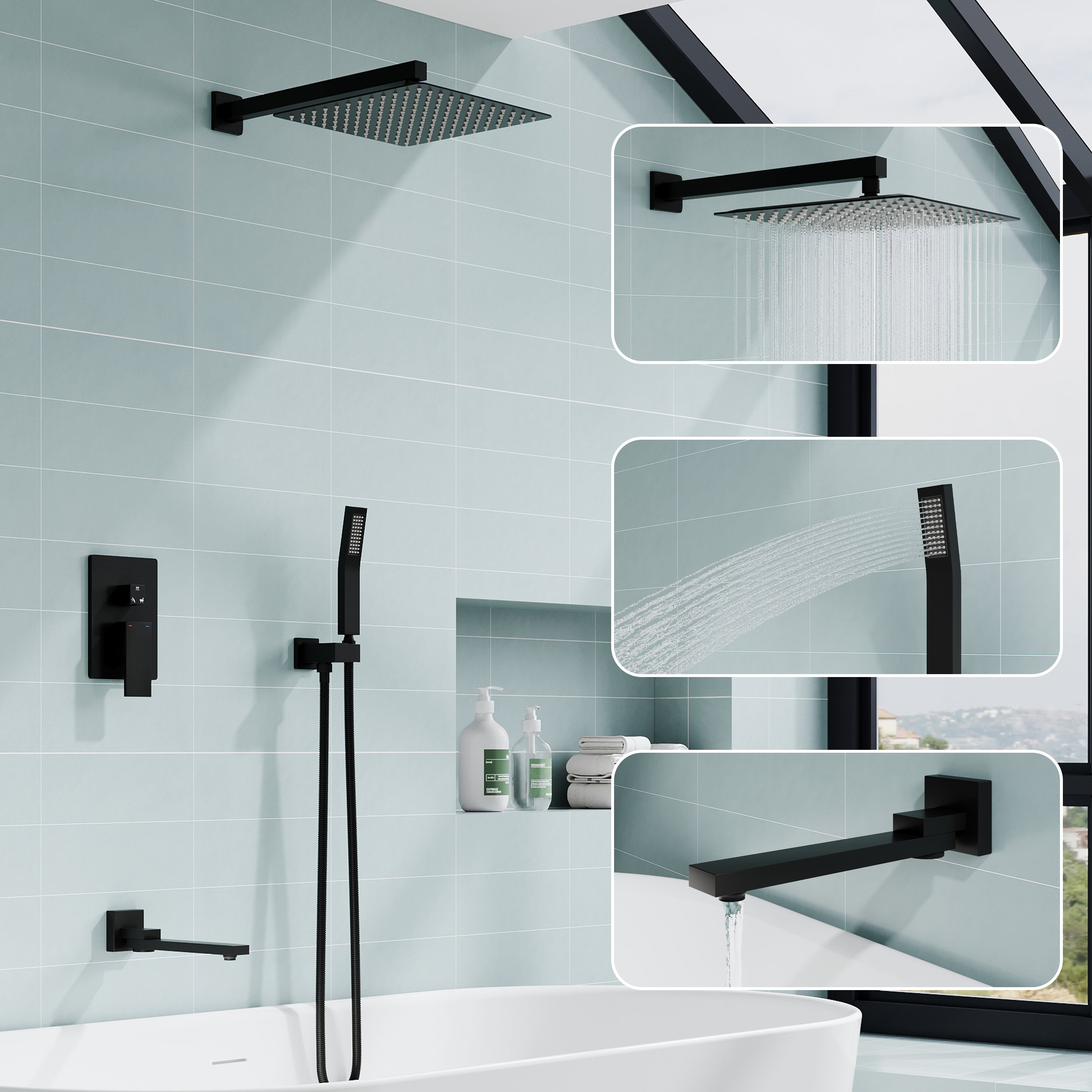 10 inch Single Handle High Pressure Tub and Shower Faucet with Hand Shower in Matte Black