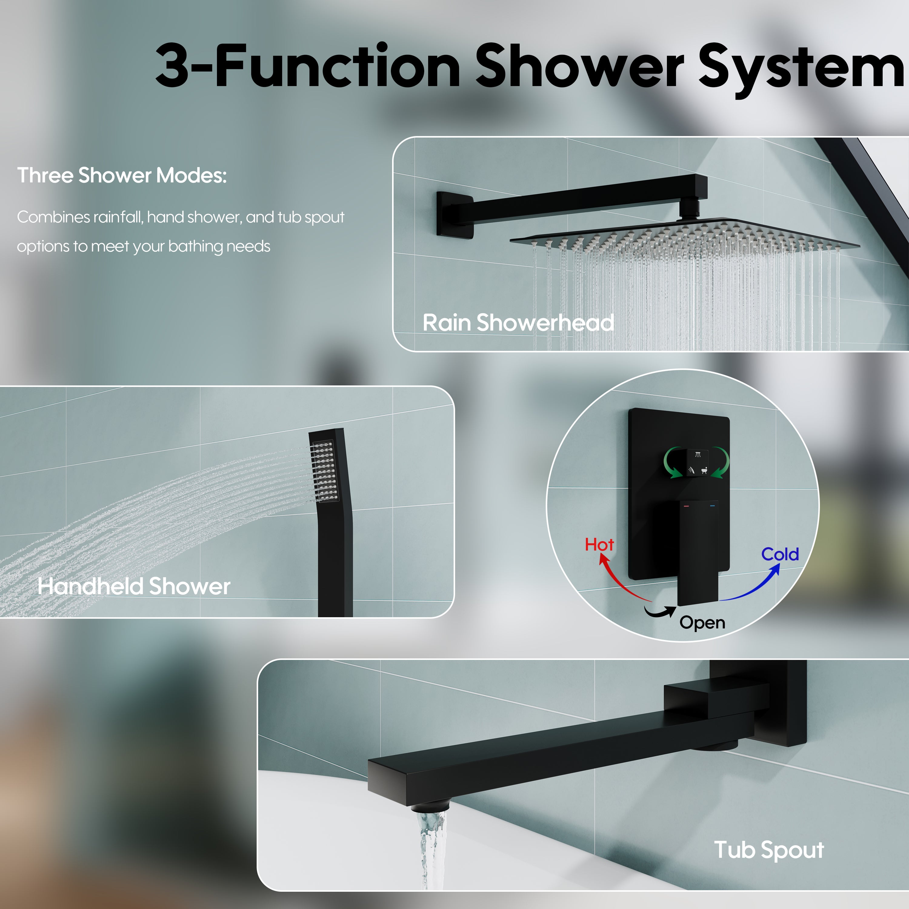 10 inch Single Handle High Pressure Tub and Shower Faucet with Hand Shower in Matte Black