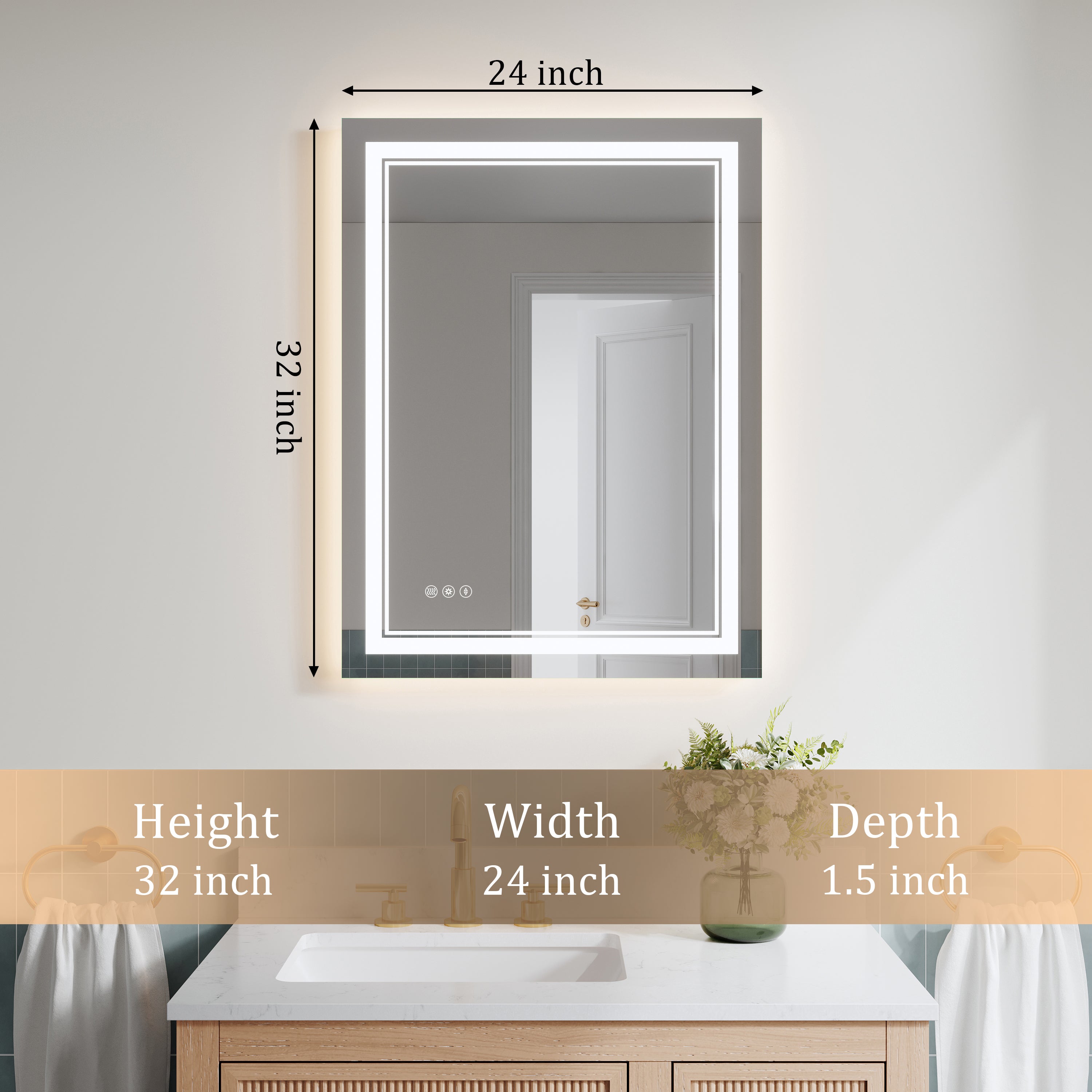 24 in. W x 32 in. H Frameless Bathroom Mirror with Lights, Frontlit & Backlit Vanity Mirror with Anti-Fog