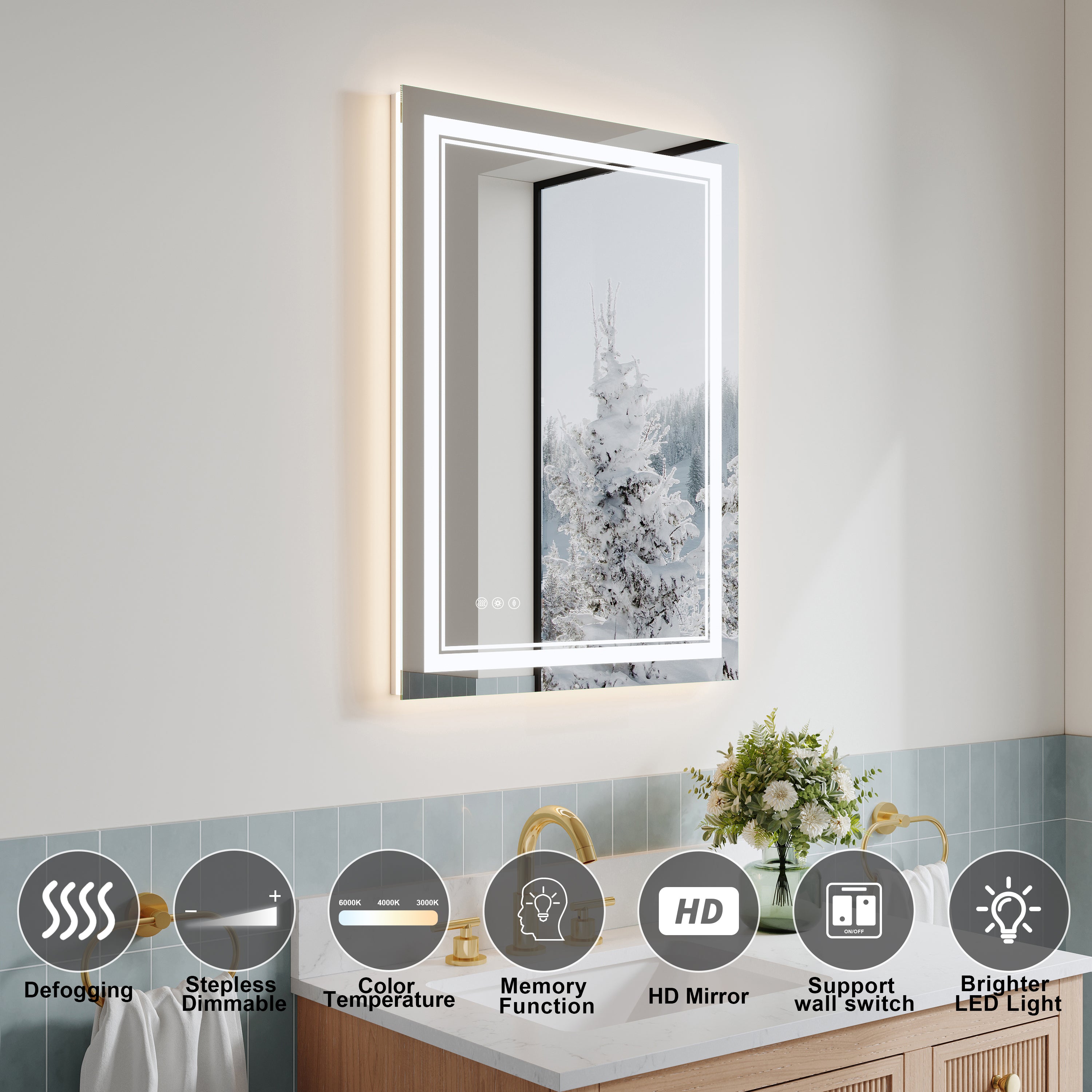 24 in. W x 32 in. H Frameless Bathroom Mirror with Lights, Frontlit & Backlit Vanity Mirror with Anti-Fog