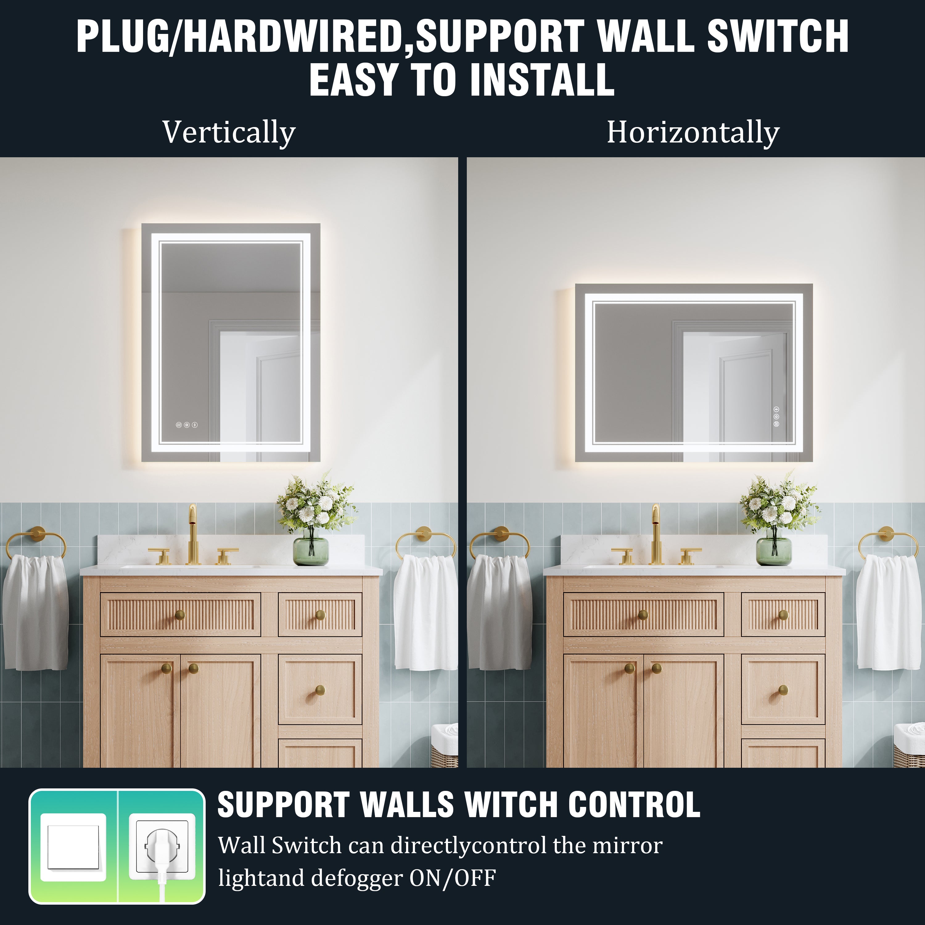 24 in. W x 32 in. H Frameless Bathroom Mirror with Lights, Frontlit & Backlit Vanity Mirror with Anti-Fog