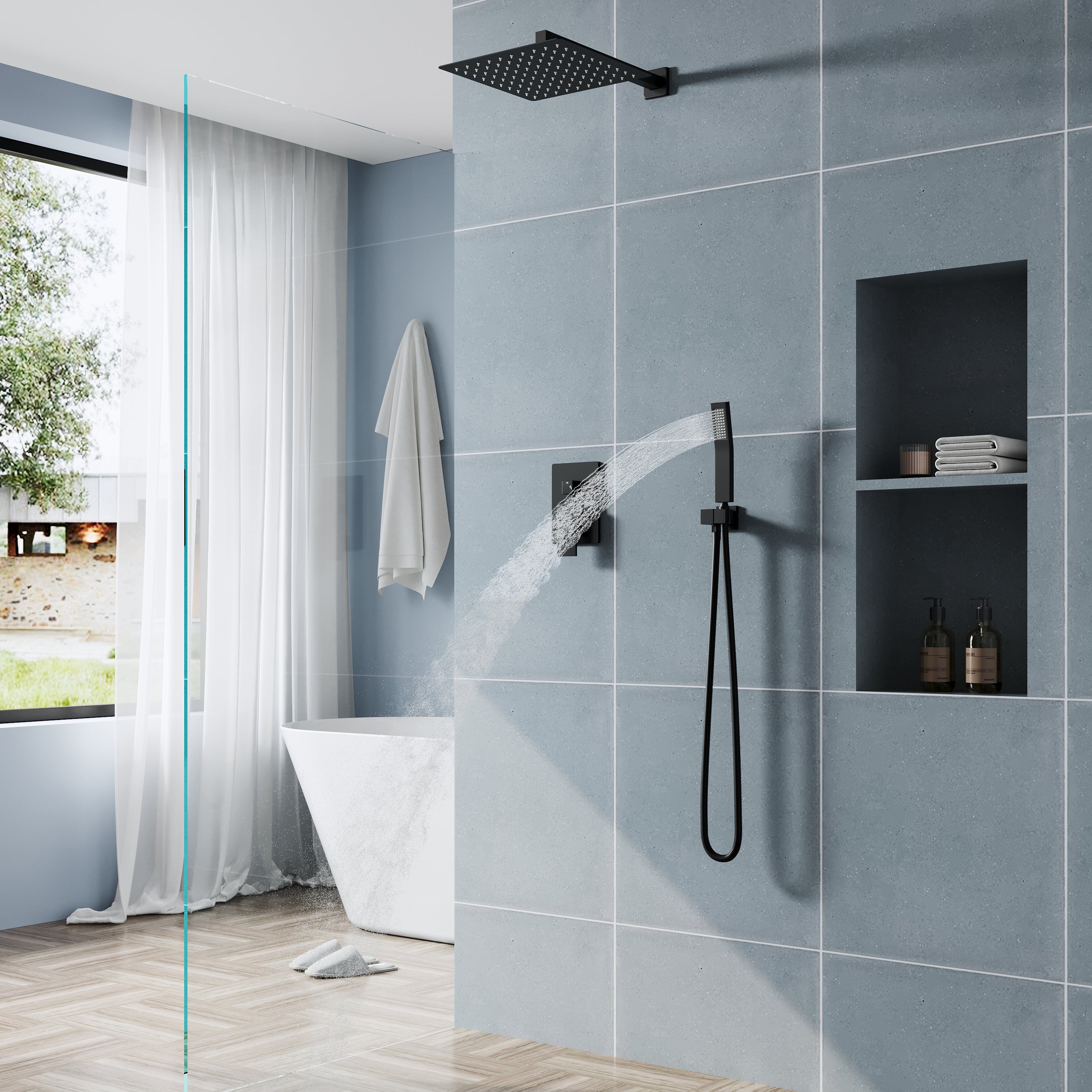 12-in Rain Shower Head Wall Mount Dual Head Built-In DT Shower System with 2-way Diverter Valve Included