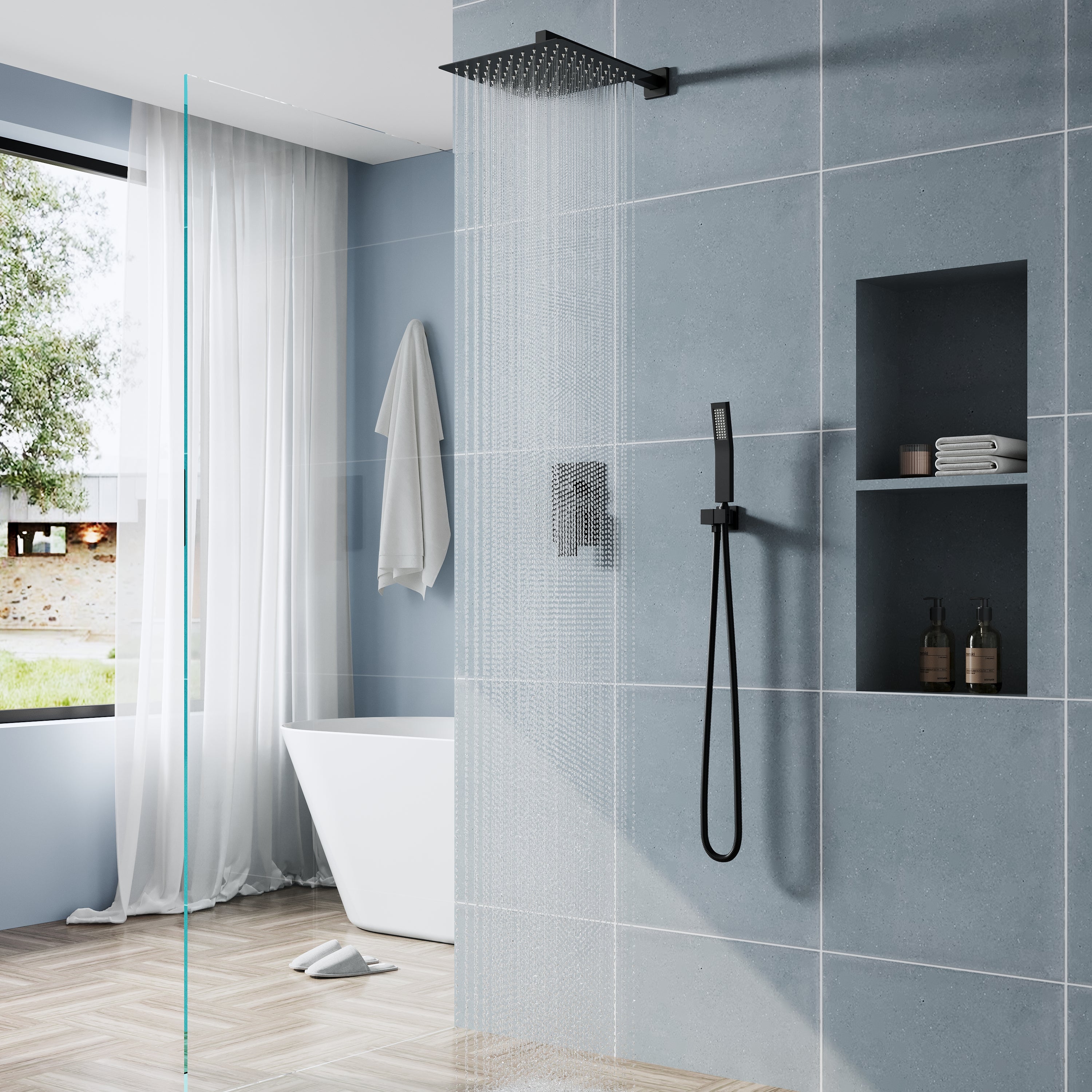 12-in Rain Shower Head Wall Mount Dual Head Built-In DT Shower System with 2-way Diverter Valve Included