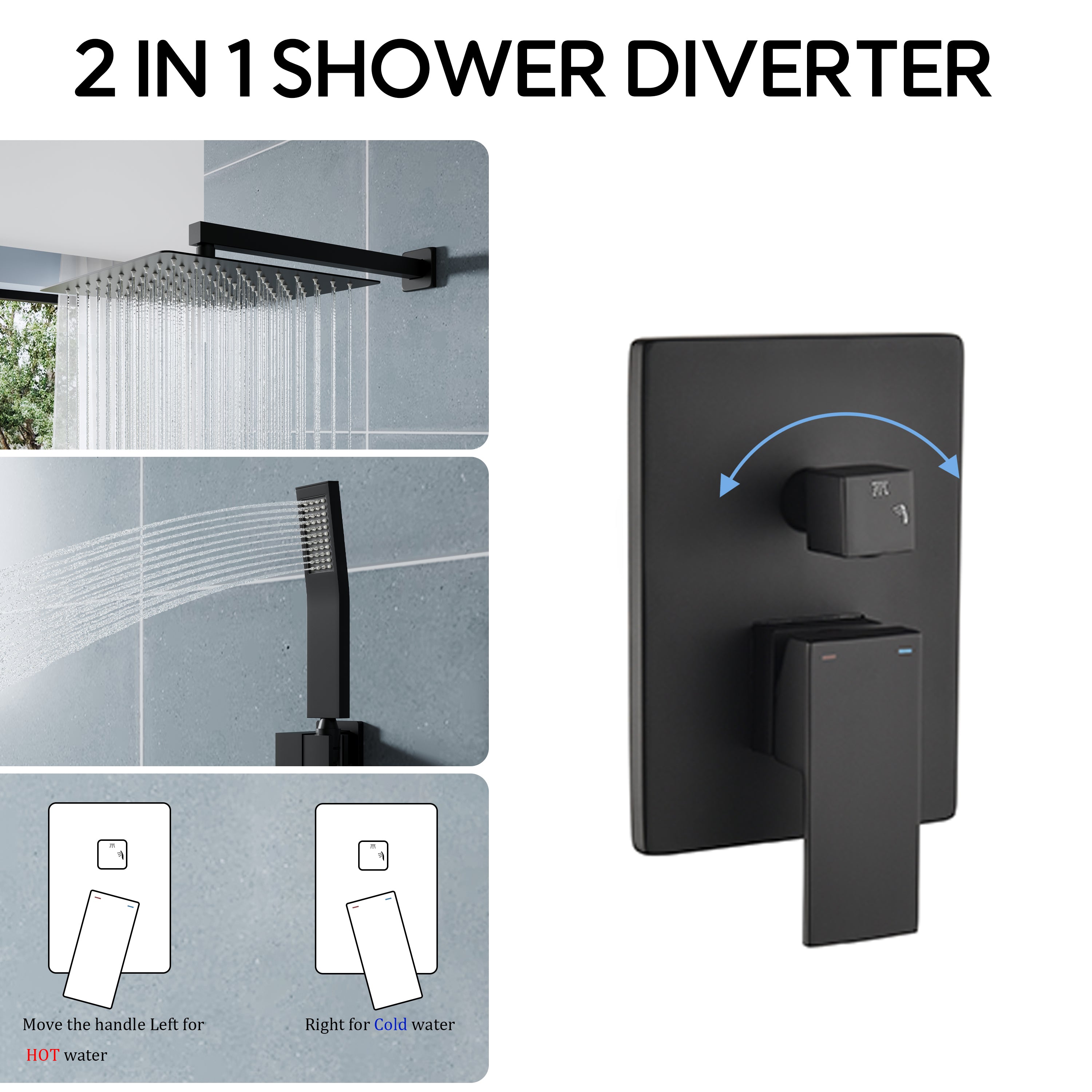 12-in Rain Shower Head Wall Mount Dual Head Built-In DT Shower System with 2-way Diverter Valve Included