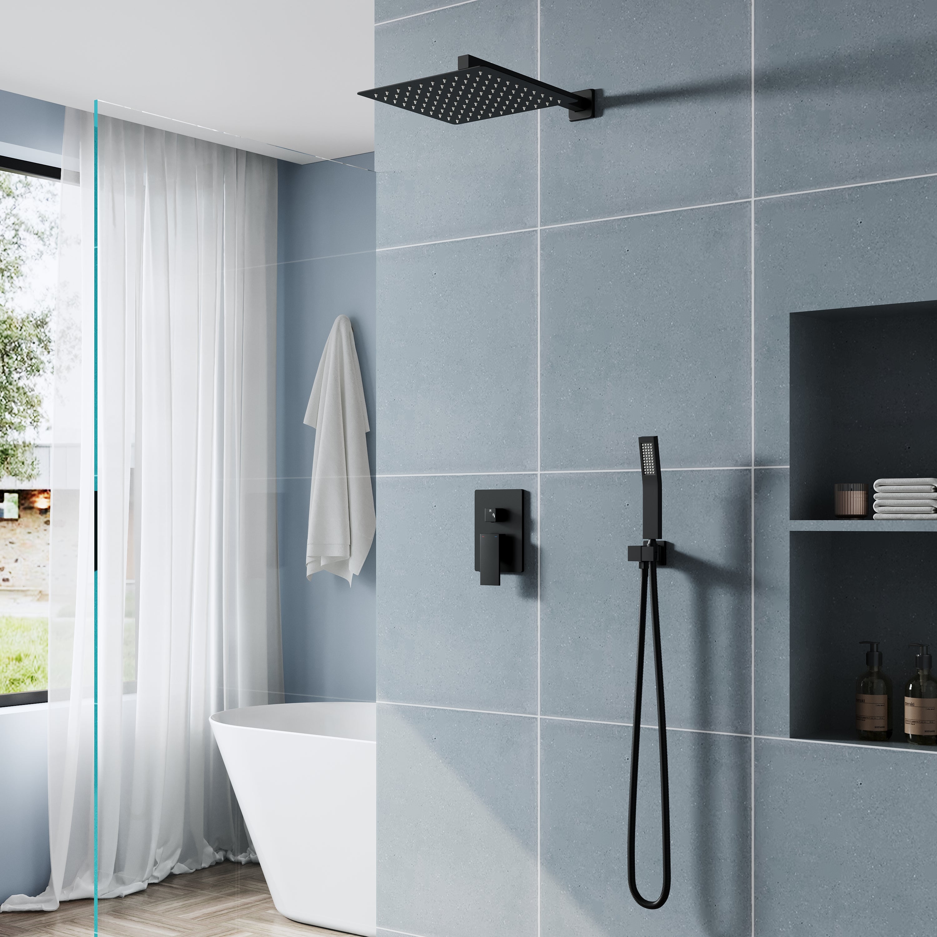 12-in Rain Shower Head Wall Mount Dual Head Built-In DT Shower System with 2-way Diverter Valve Included