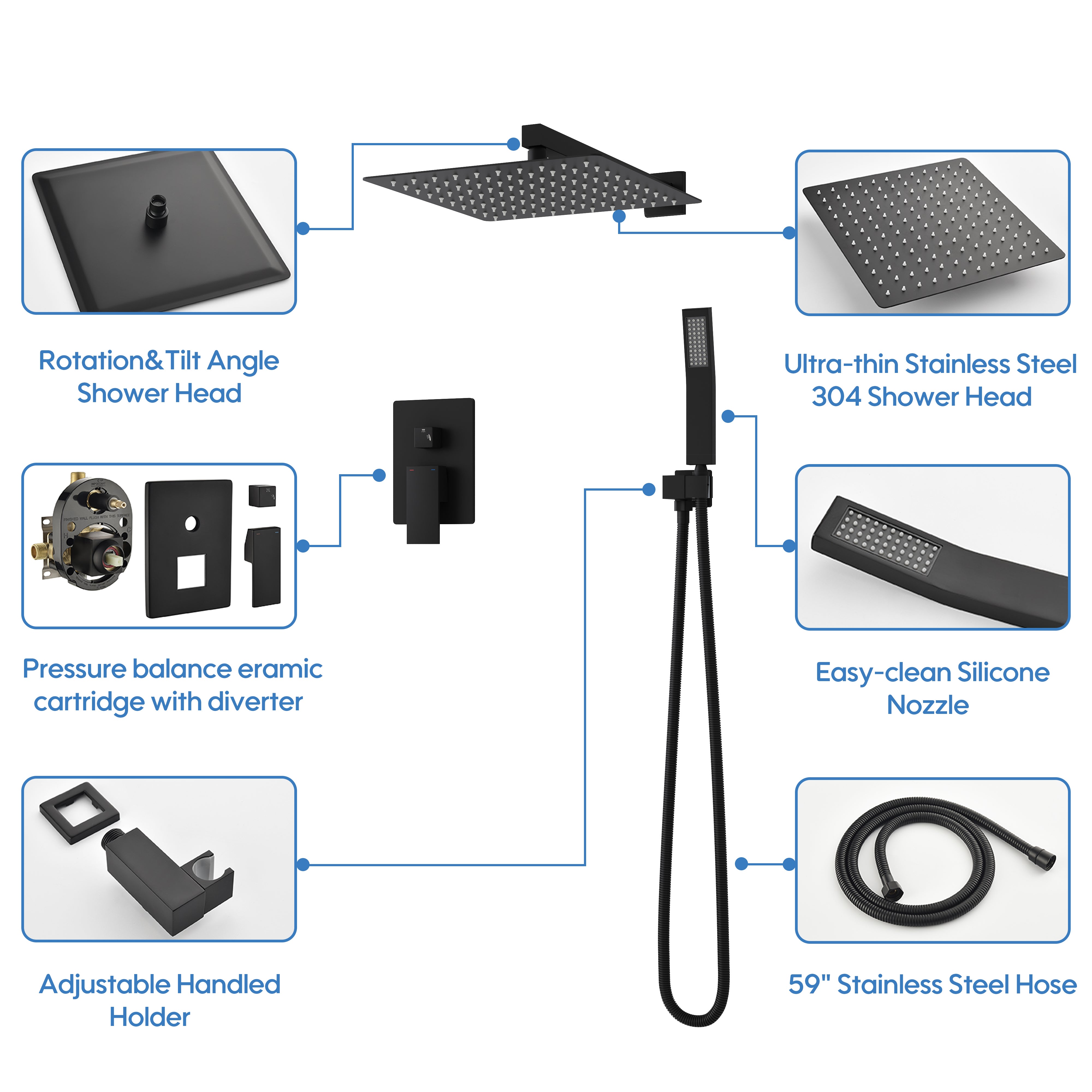 12-in Rain Shower Head Wall Mount Dual Head Built-In DT Shower System with 2-way Diverter Valve Included