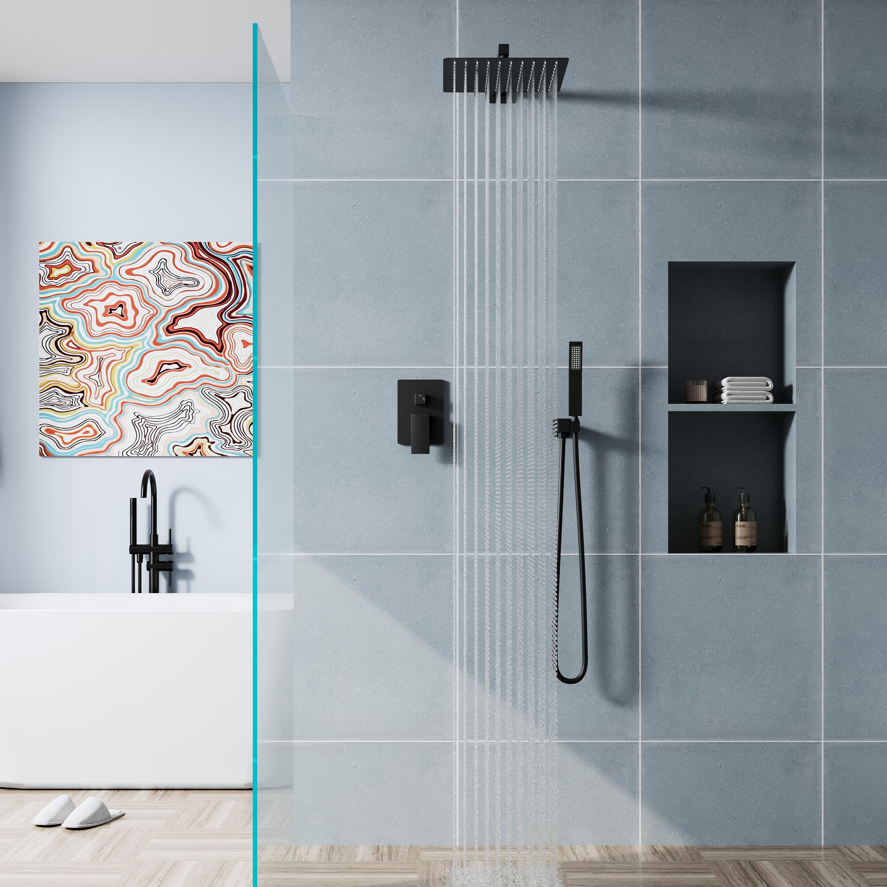 12-in Rain Shower Head Wall Mount Dual Head Built-In DT Shower System with 2-way Diverter Valve Included