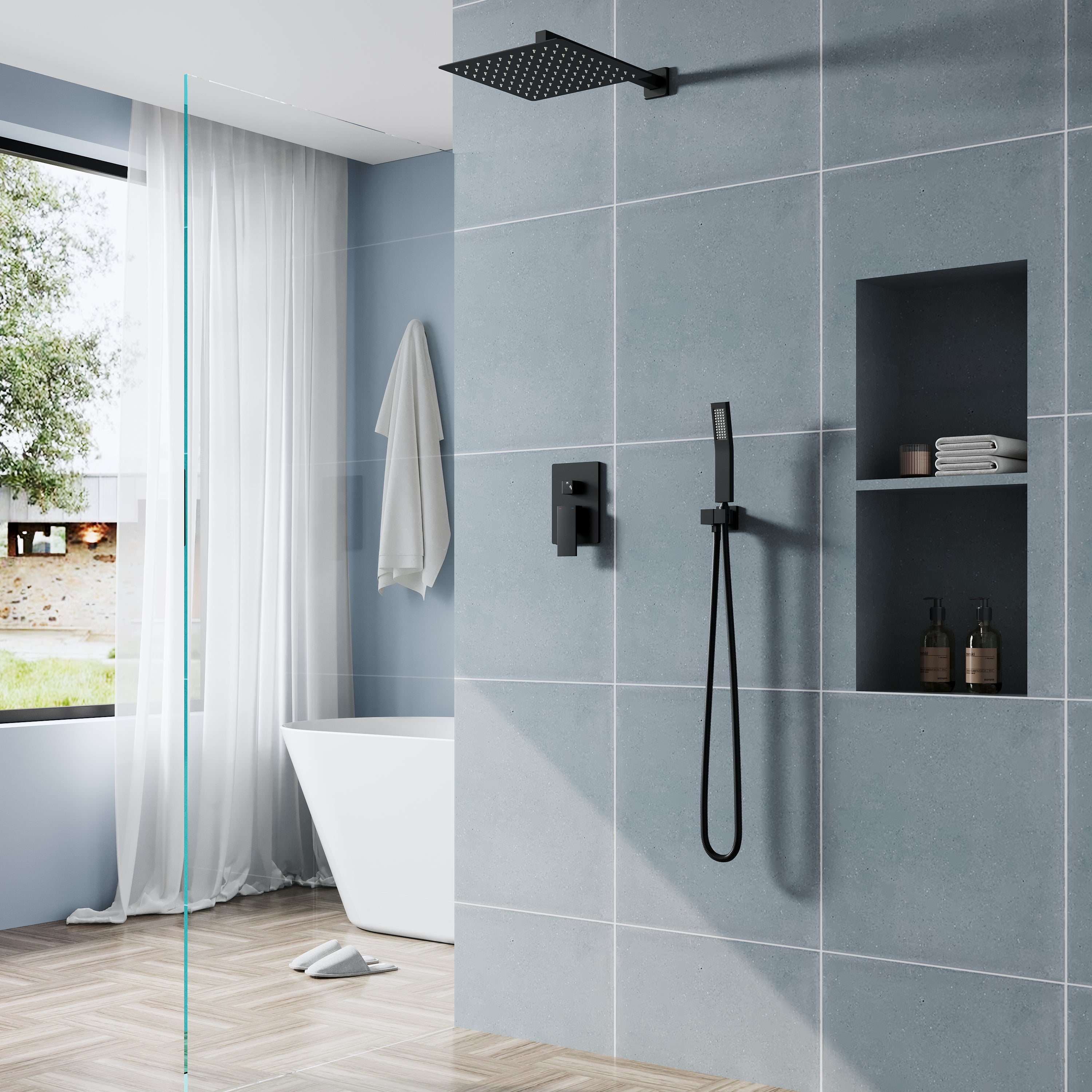 12-in Rain Shower Head Wall Mount Dual Head Built-In DT Shower System with 2-way Diverter Valve Included