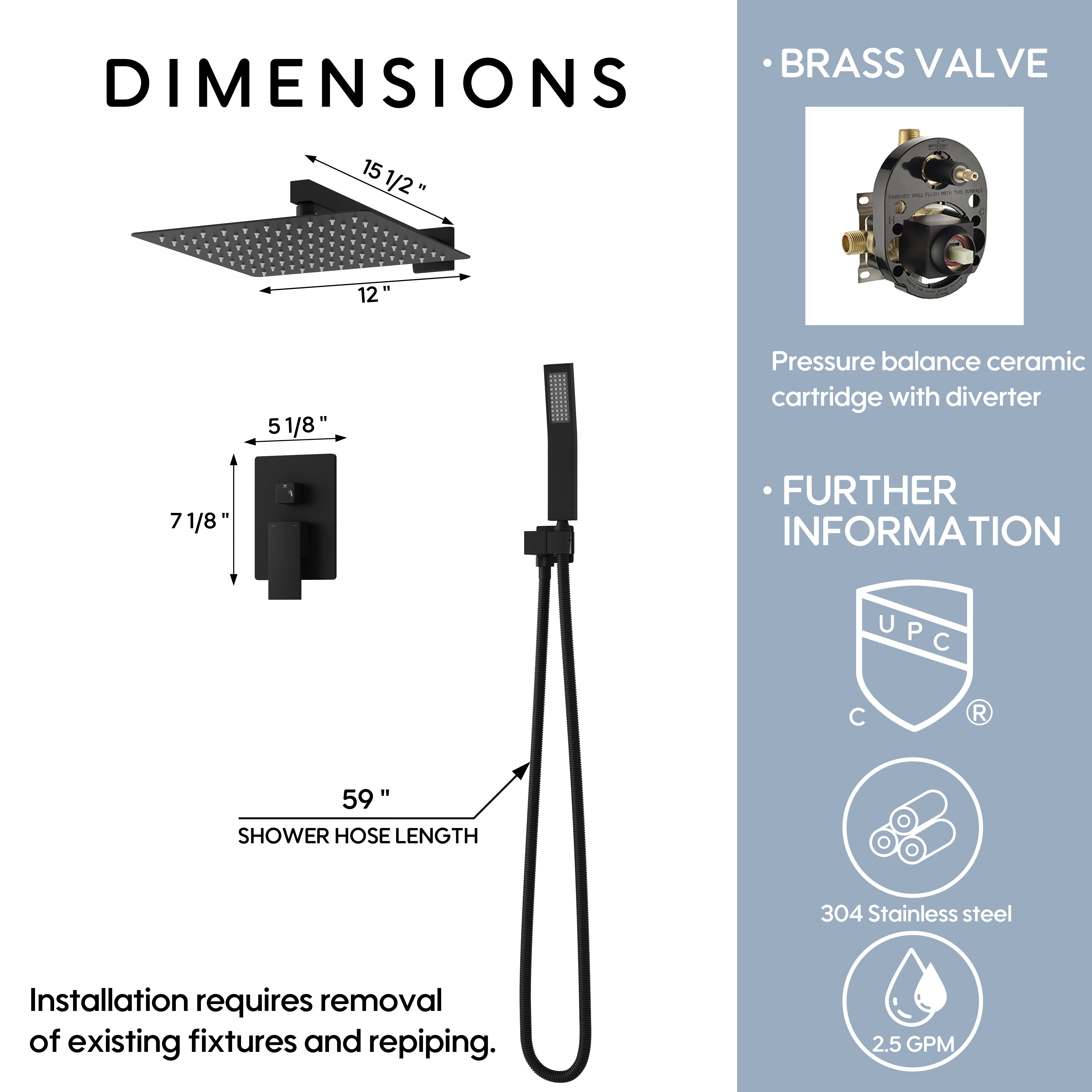 12-in Rain Shower Head Wall Mount Dual Head Built-In DT Shower System with 2-way Diverter Valve Included