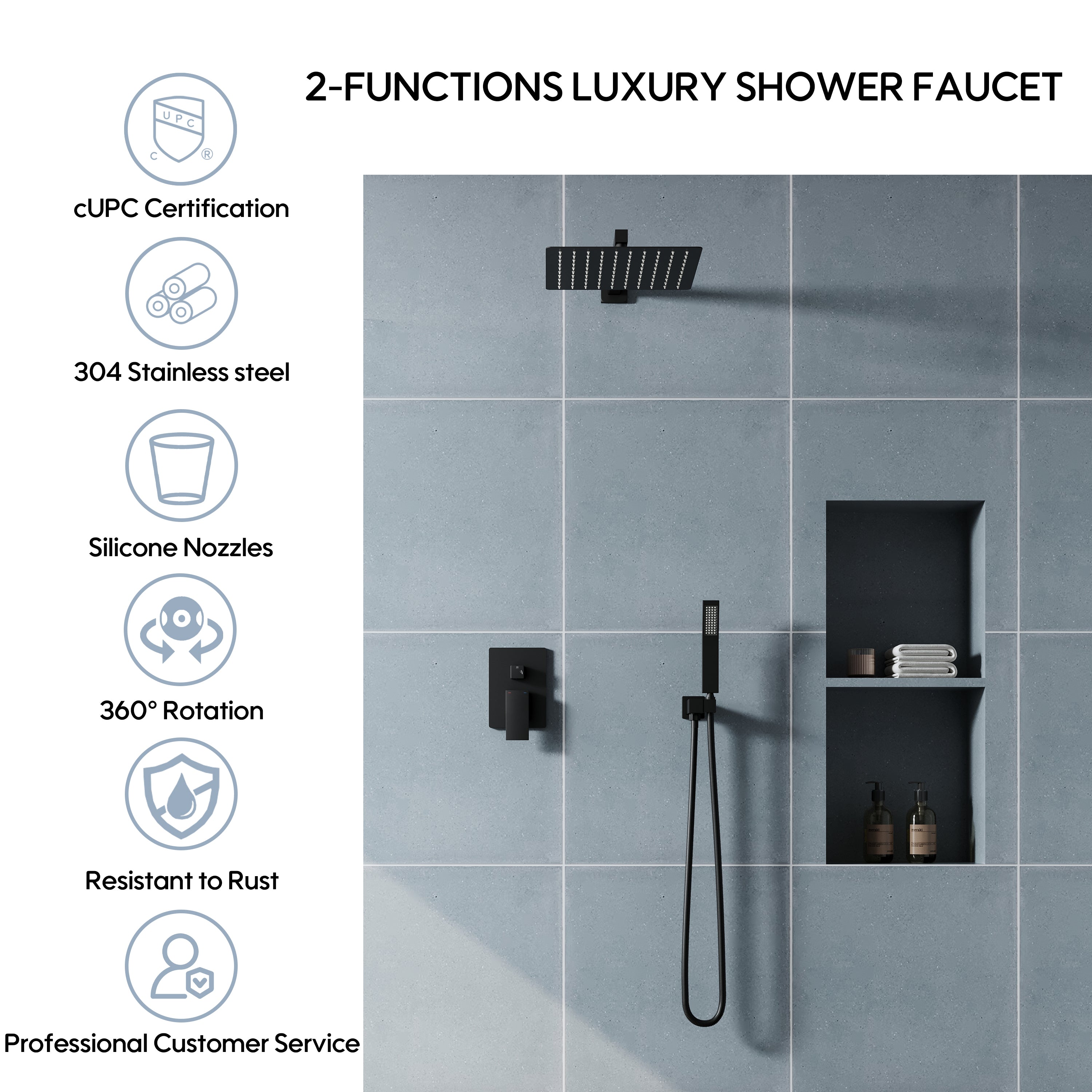 12-in Rain Shower Head Wall Mount Dual Head Built-In DT Shower System with 2-way Diverter Valve Included