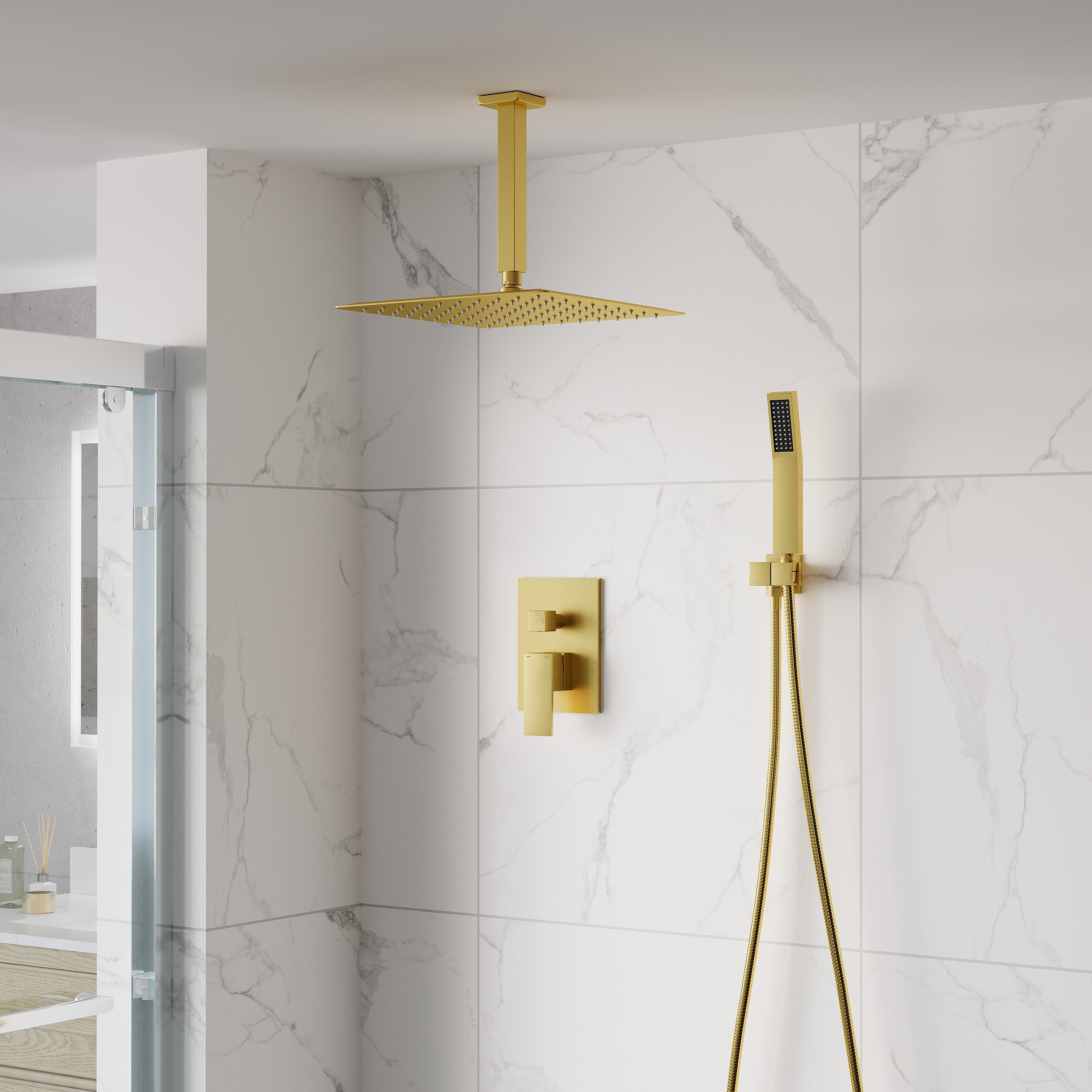 12-Inch Rain Shower System with Dual Heads, Waterfall & 2-Way Diverter, Ceiling Mount