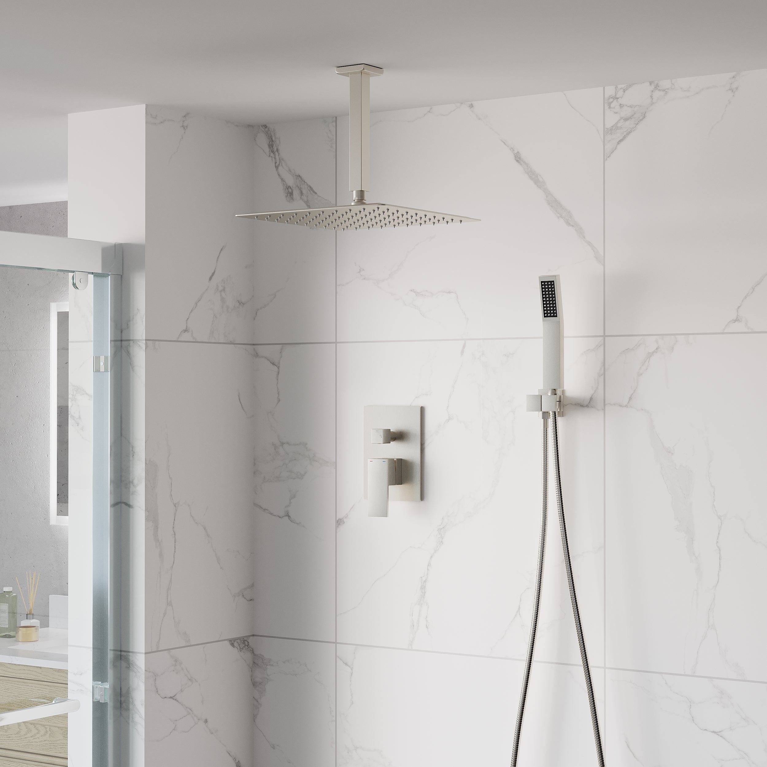 12-Inch Rain Shower System with Dual Heads, Waterfall & 2-Way Diverter, Ceiling Mount