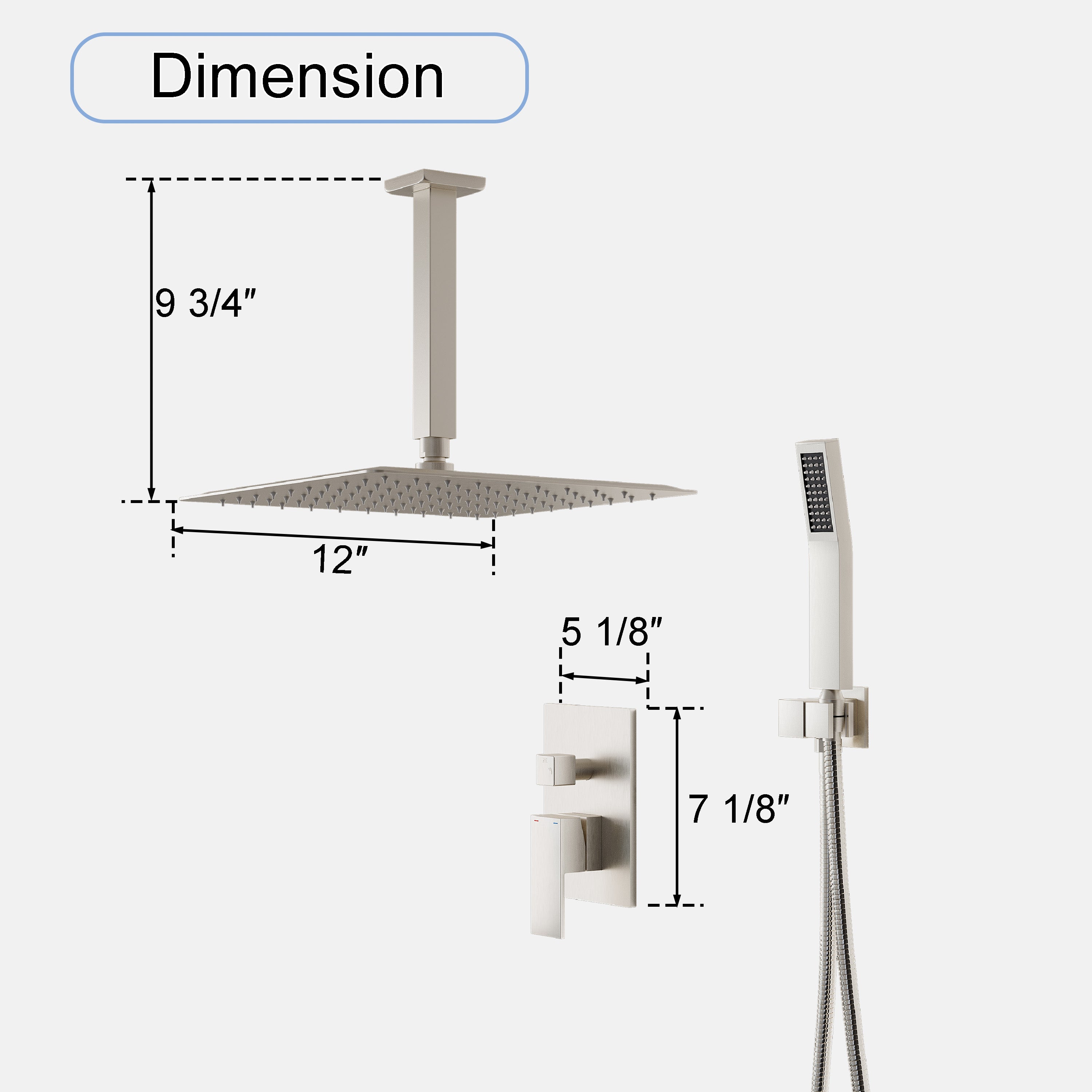 12-Inch Rain Shower System with Dual Heads, Waterfall & 2-Way Diverter, Ceiling Mount